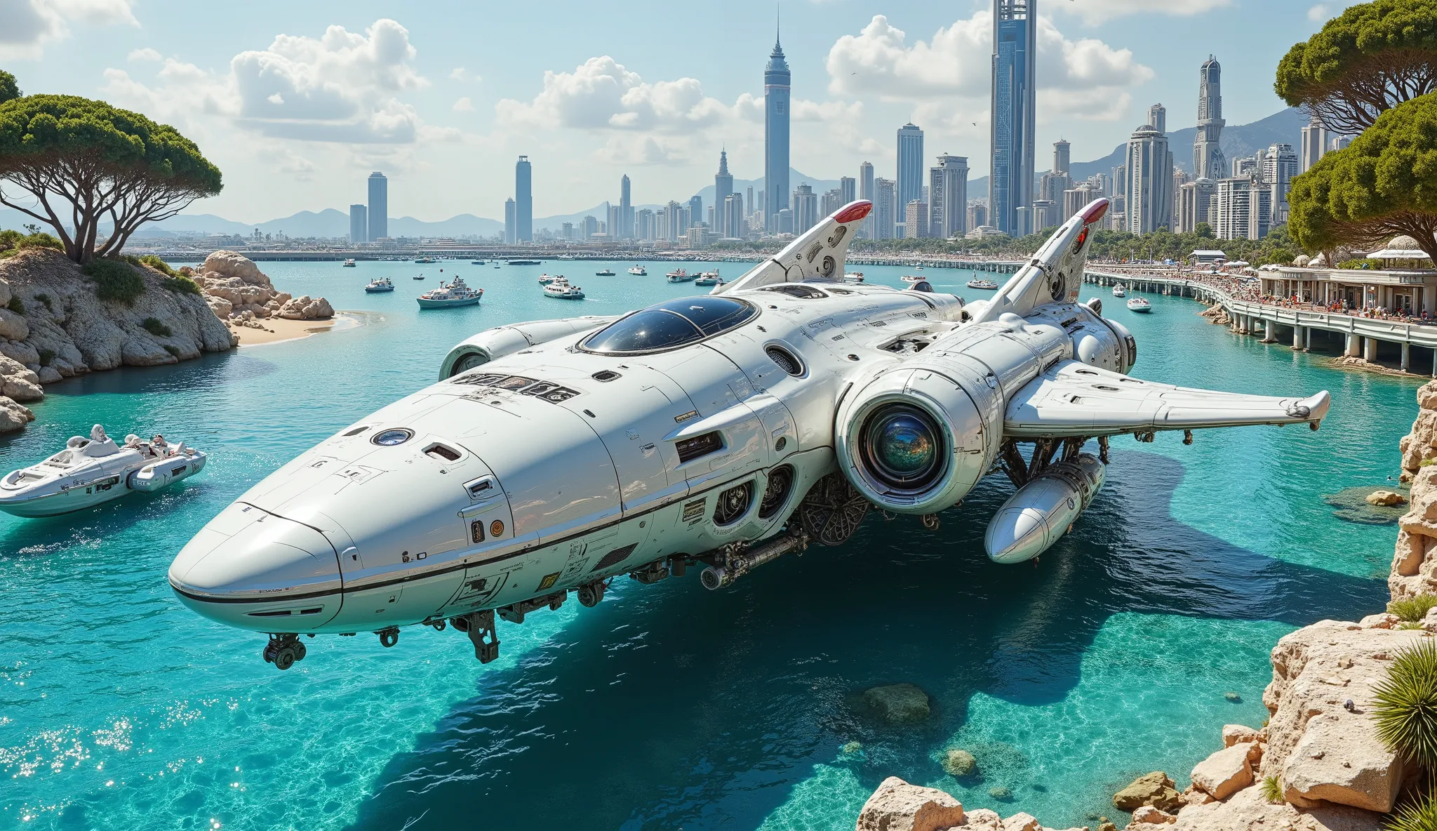 pinkmechalux, A breathtaking, ultra-detailed depiction of a futuristic coastal city, featuring a massive, sleek white spacecraft hovering over crystal-clear turquoise waters. The spacecraft is aerodynamically designed with an elongated body and pronounced ...