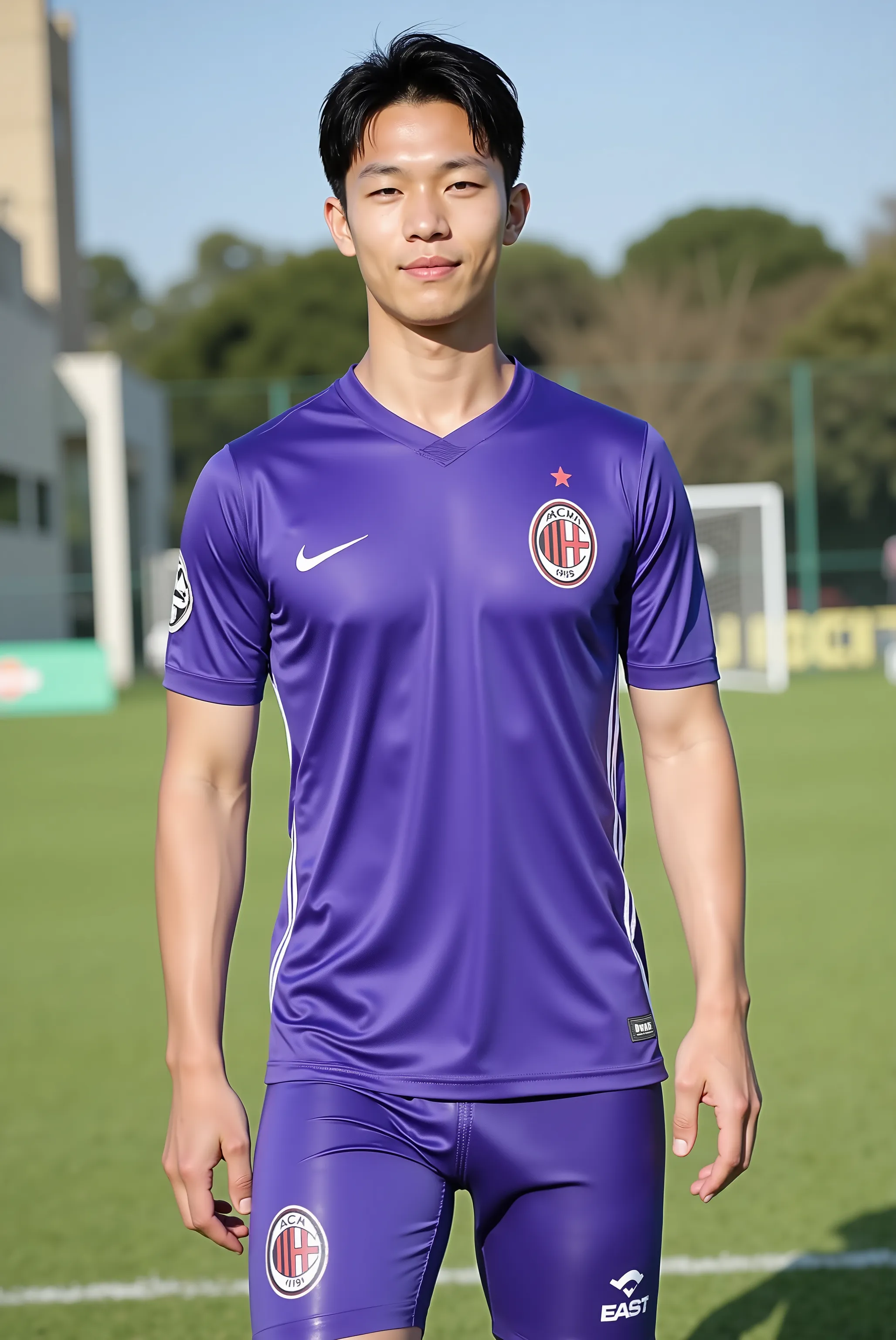 young, boy,all nationality are japanese, soccer player, handsome japanese boys, standing on the soccercourt, boy group, 4 people, a sunny and handsome boy，about 22 years old， short hair，Full body photo composition，solid color background，8k， HD, soccer unif...