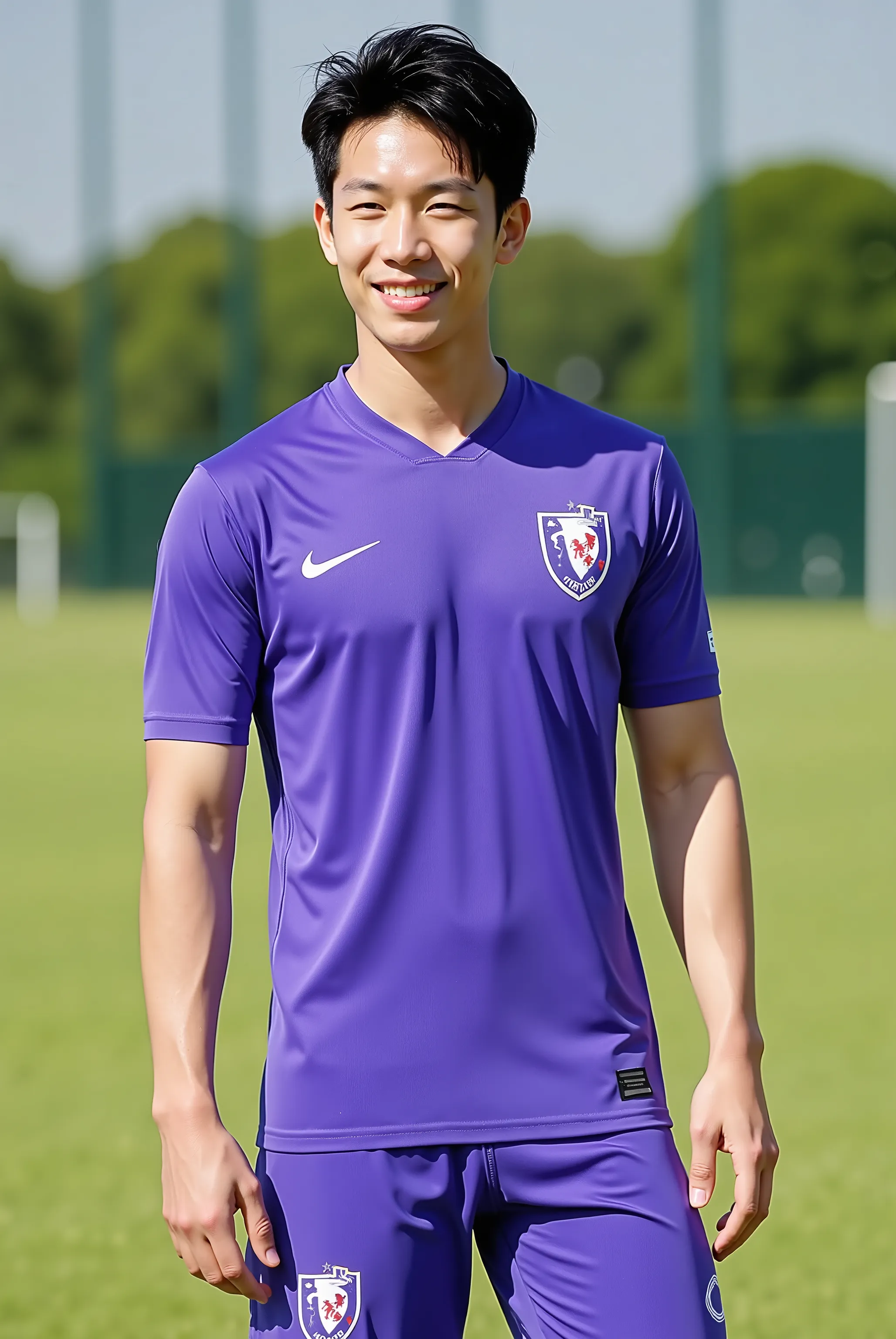 young, boy,all nationality are japanese, soccer player, handsome japanese boys, standing on the soccercourt, boy group, 4 people, a sunny and handsome boy，about 22 years old， short hair，Full body photo composition，solid color background，8k， HD, soccer unif...