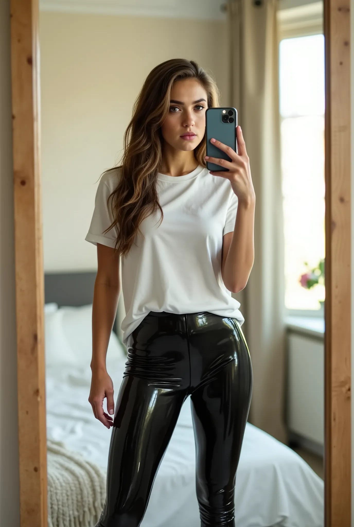 Ana Sofia Fehn with long hair wearing super glossy black vinyl leggings and a white crewneck t-shirt while using an iphone to take a seflie in the mirror, in her sunlit bedroom