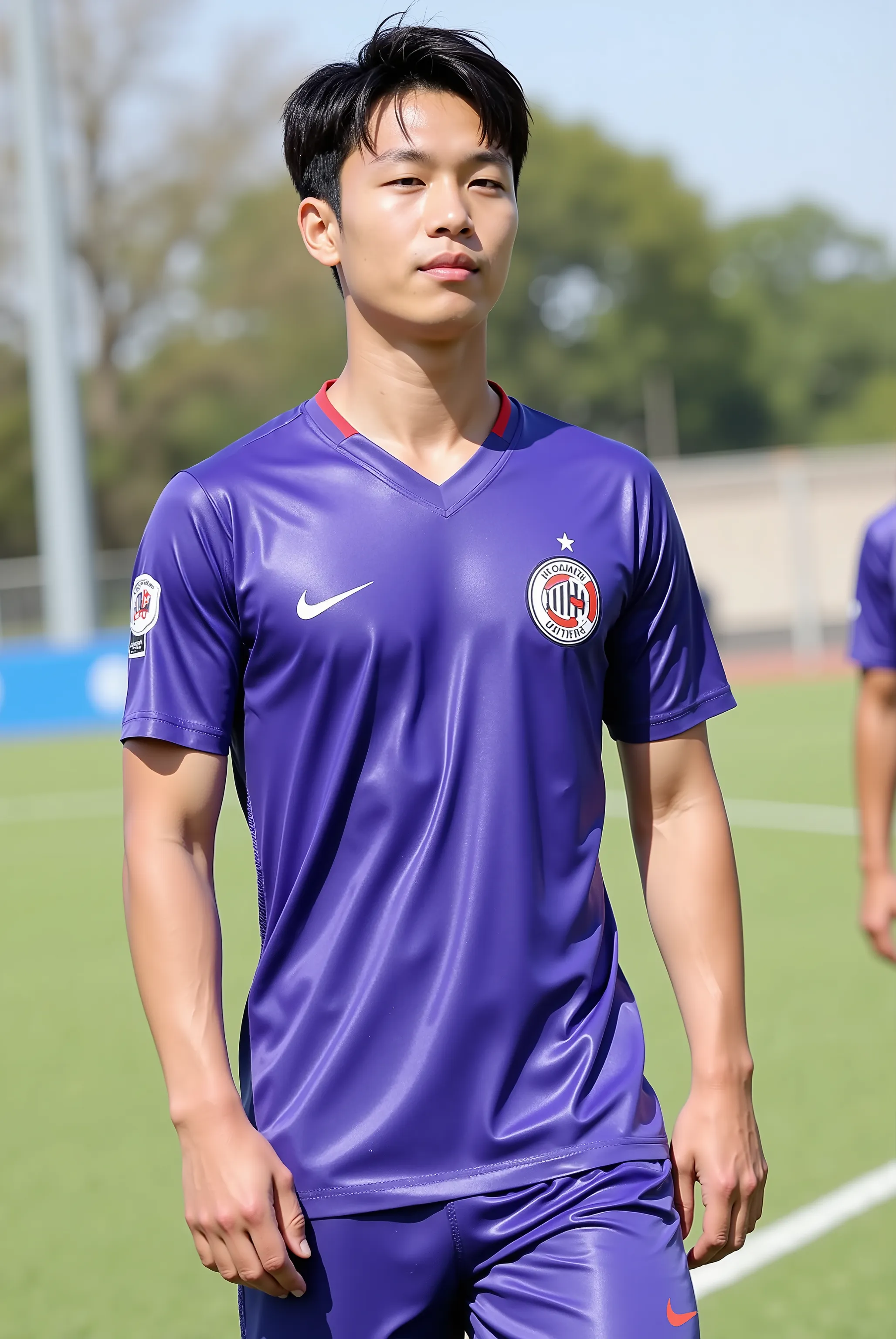 young, boy,all nationality are japanese, soccer player, handsome japanese boys, standing on the soccercourt, boy group, 4 people, a sunny and handsome boy，about 22 years old， short hair，Full body photo composition，solid color background，8k， HD, soccer unif...