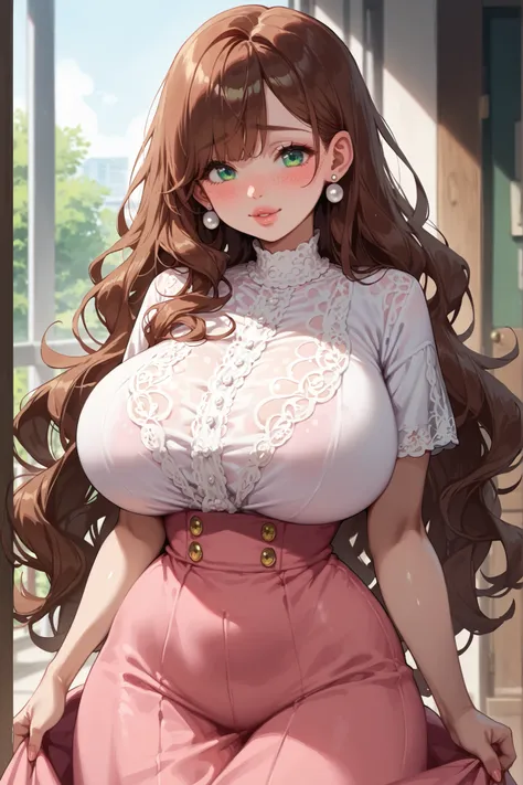 , (standing), large breasts:1:2, ((very long hair)), wavy hair, (((dark-brown hair))), ((side bang)), green eyes, brightly eyes, big and shiny green eyes((freckles on the skin)), ((pale skin:1.4)), ((, very huge breasts)), ((fleshy breasts,)), ((Super burs...