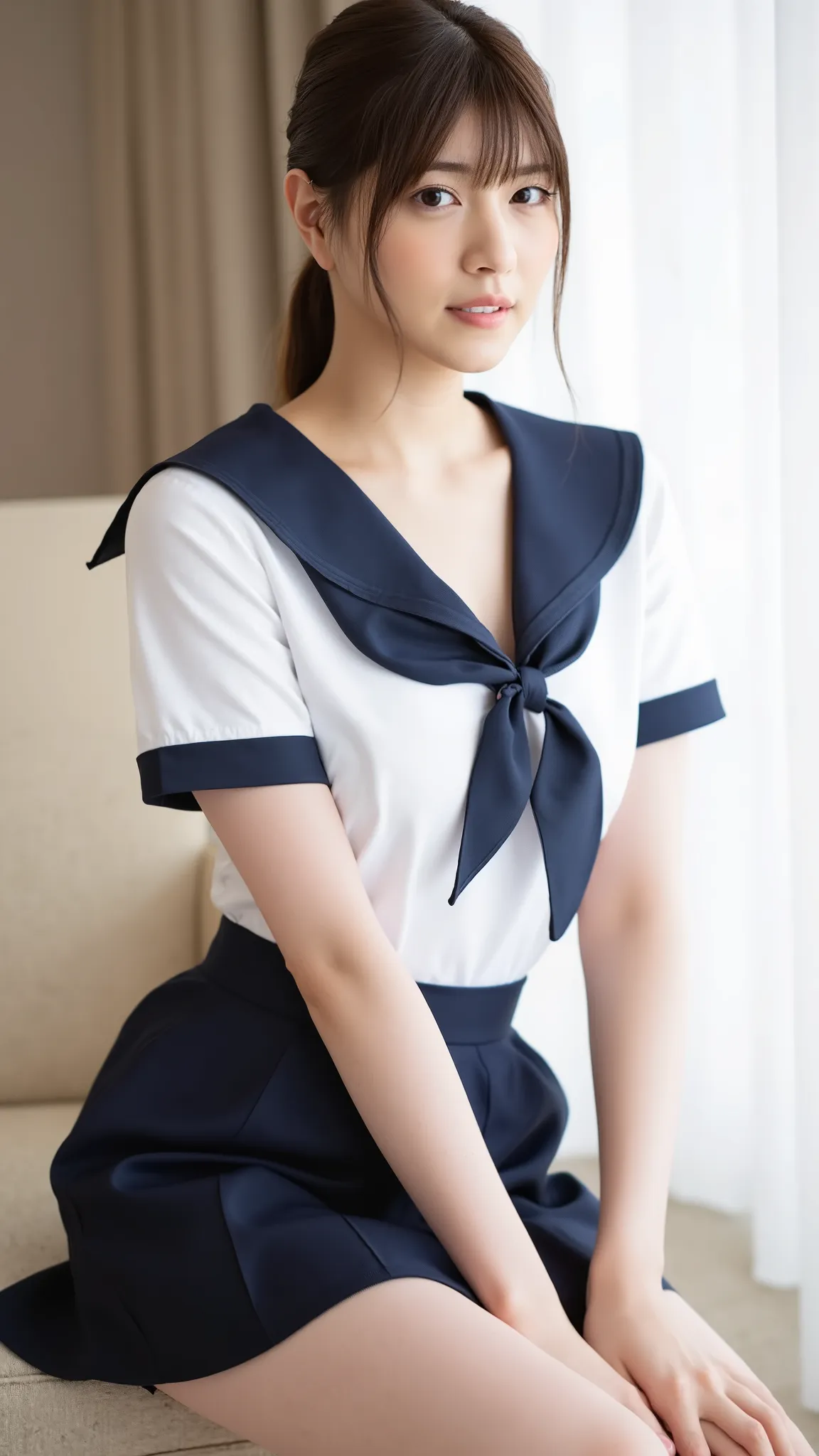 (Masterpiece, Best quality:1.4), (Ultra realistic, Photo-realistic:1.3), nsfw, ((Wearing Sailor suit, White short sleeve:1.3)), (Dark navy pleated skirt:1.2), (Wearing white sock), (small breasts), Natural light, 20 years old actor, Japanese woman named ri...