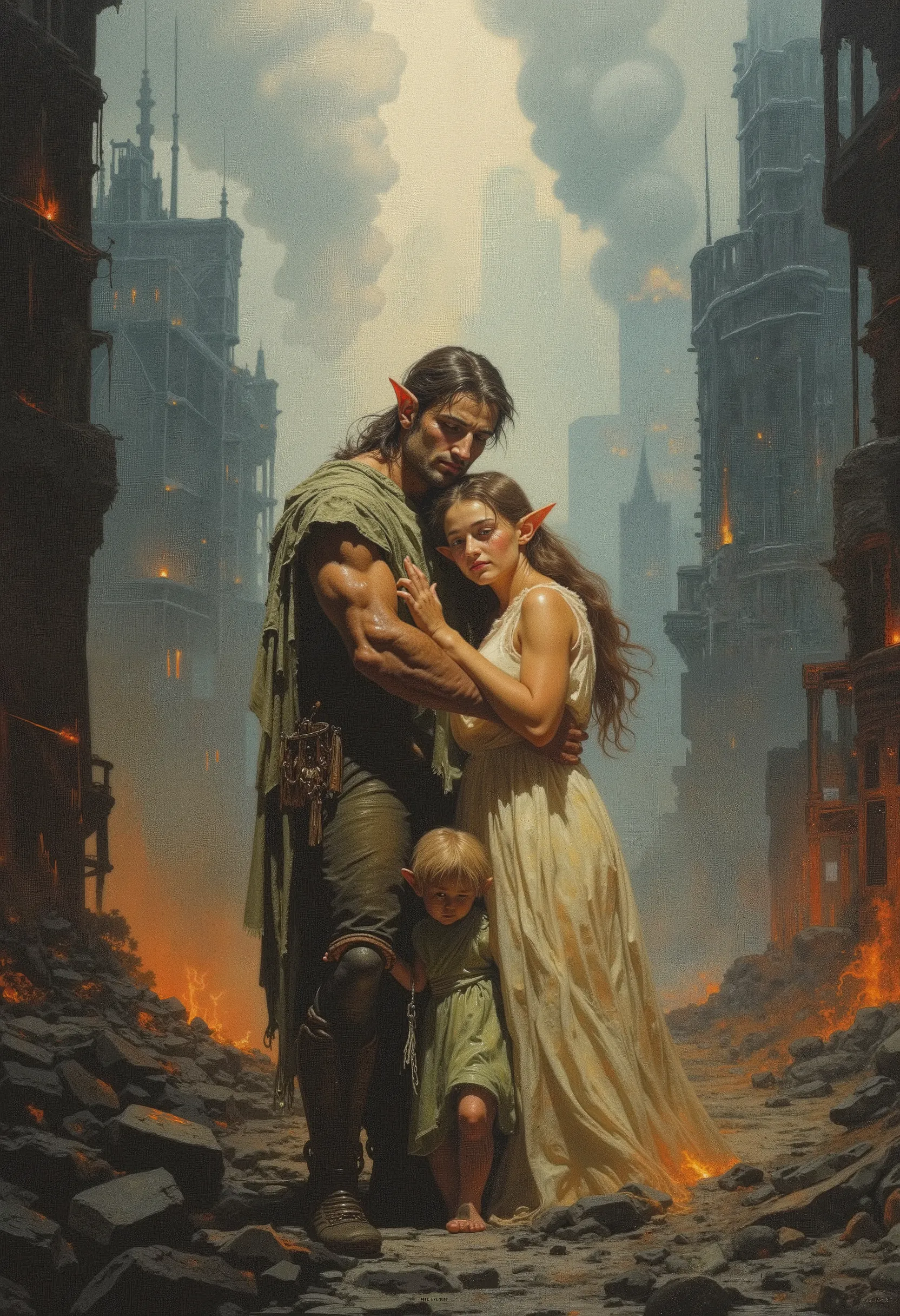 An elf girl meets her husband, They are hugging. An elf wipes a tear off her cheek, a little elf girl clings to a man's leg, the girl has small short elf ears, A man stands against the gloomy background of a destroyed city, smoke is visible on the horizon