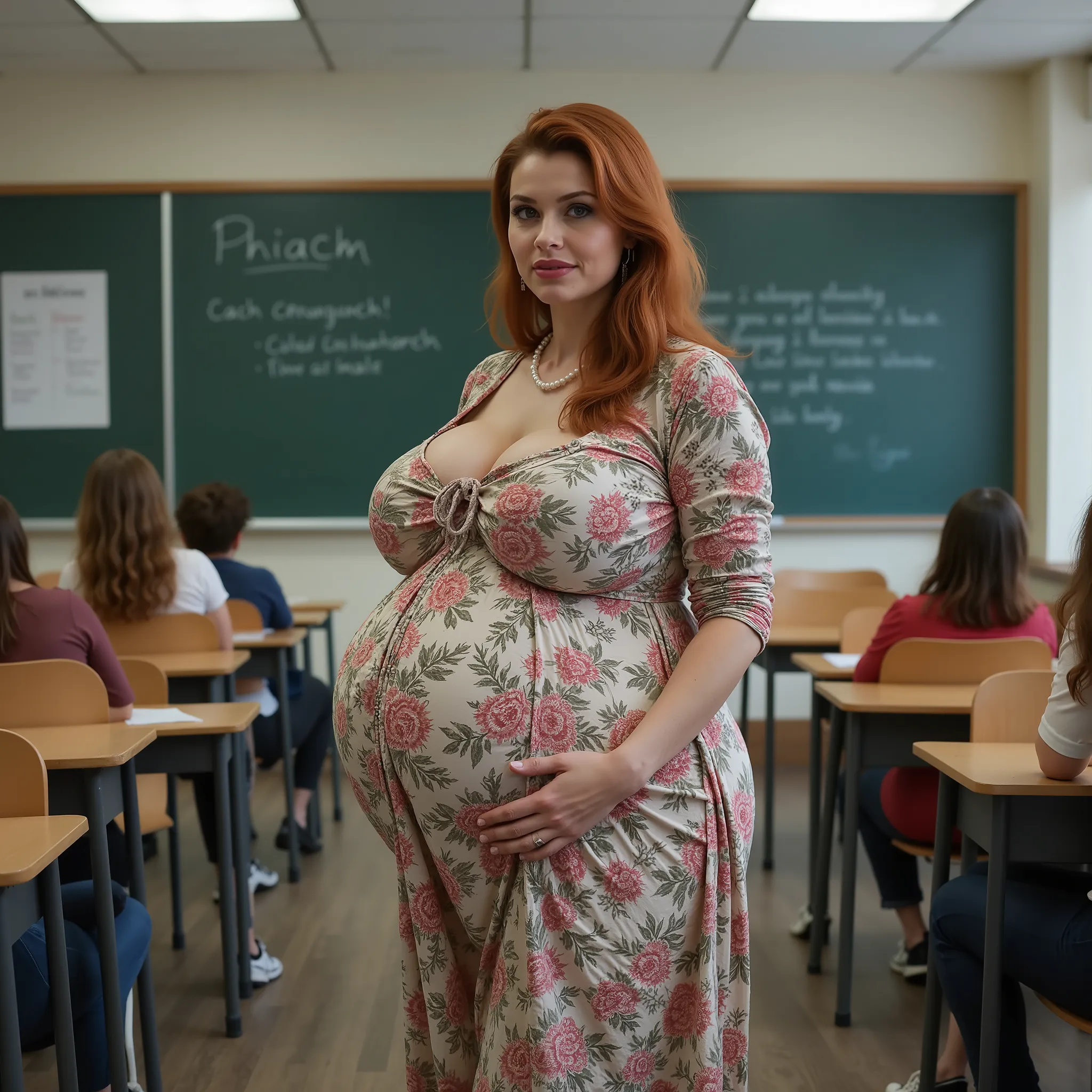 Beautiful teacher,  mature woman (((38 YEARS old))). ((pregnant)) walking through the classroom, looking very tired, exhausted and worn out, serious face expression,  white-skinned woman, beautiful face,  Red hair, very messy messy very very long hair, hai...