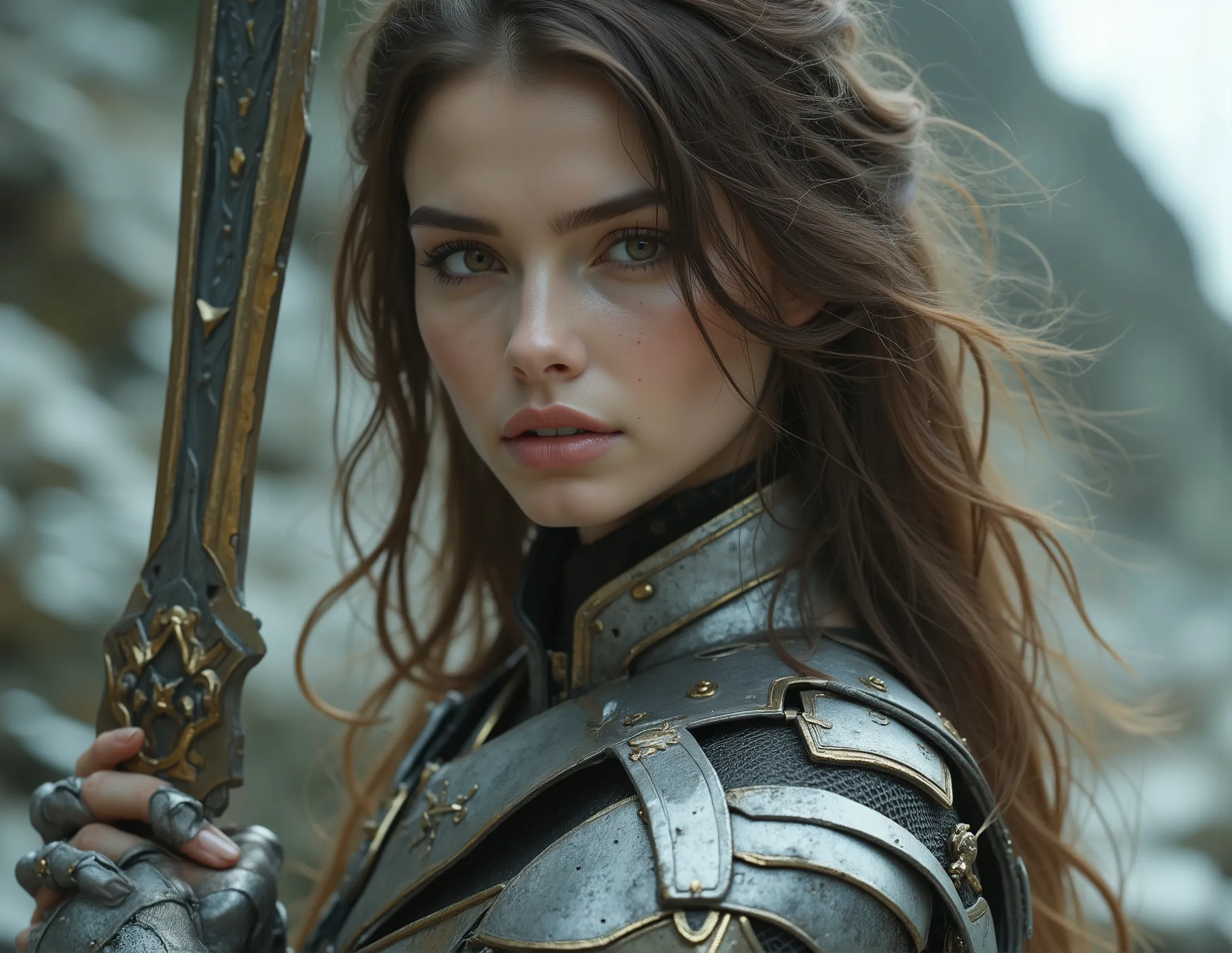 Ultra realistic, ultra HD, masterpiece. Before us is a warrior of stunning beauty and imposing presence, who combines the strength of futuristic technology with the grace of a goddess. Her brown eyes, intense and determined, reveal intelligence and a deep ...