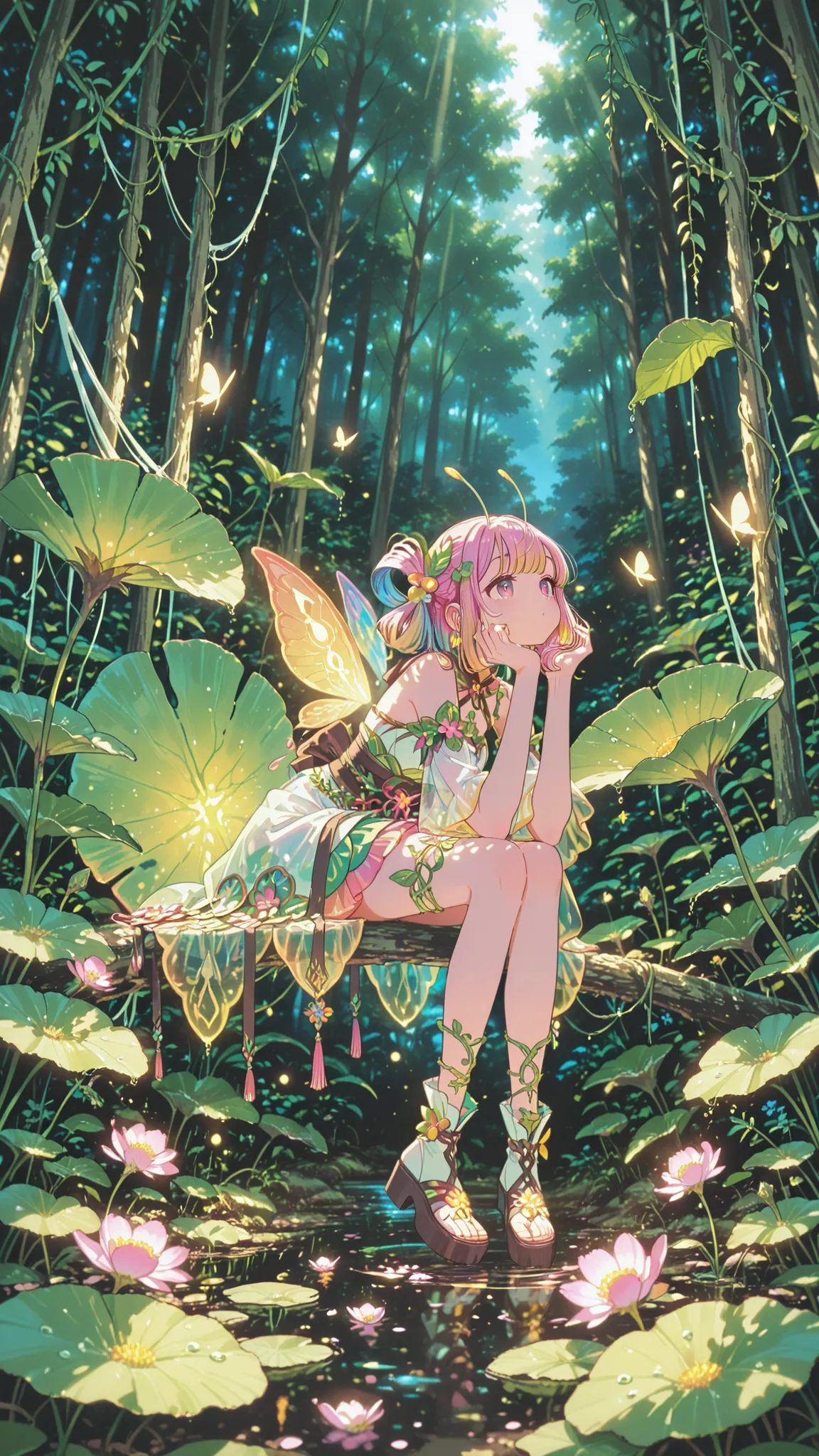 a group of tiny anime-style girls with delicate insect-inspired accessories, resting on a lush green leaf above a sparkling stream, each girl wearing whimsical nature-themed outfits made of flower petals, dew drops, and silk-like leaves, with antennae-shap...