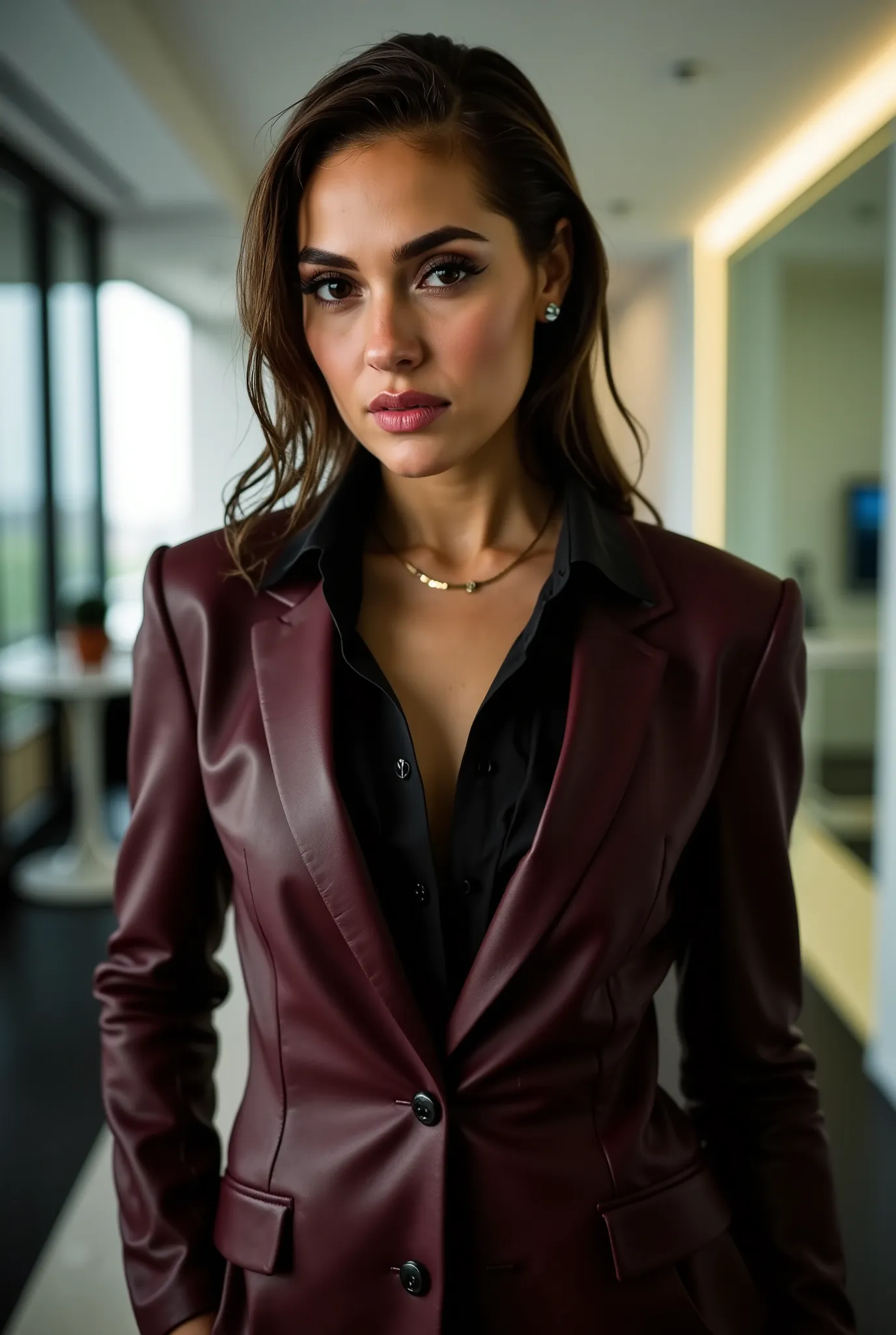 full body image of Ana Sofia Fehn, a beautiful female business executive wearing an bordeaux leather Armani business suit with a open black buttondown shirt, wet slick back hair, strong seductive makeup, bedroom eyes, romantic lighting, a corporate photogr...