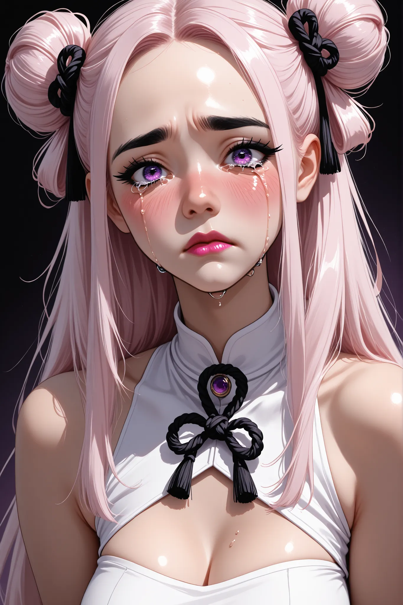 (1girl), (perfect face), ((white bun knot top hair)), (forehead), ((white natural eyebrows)), (((purple eyes, crying eyes))), (((black eyeliners))), (pink blush), ((nose, thick lipstick)), (beautiful girl), (crop top), ((sad face))