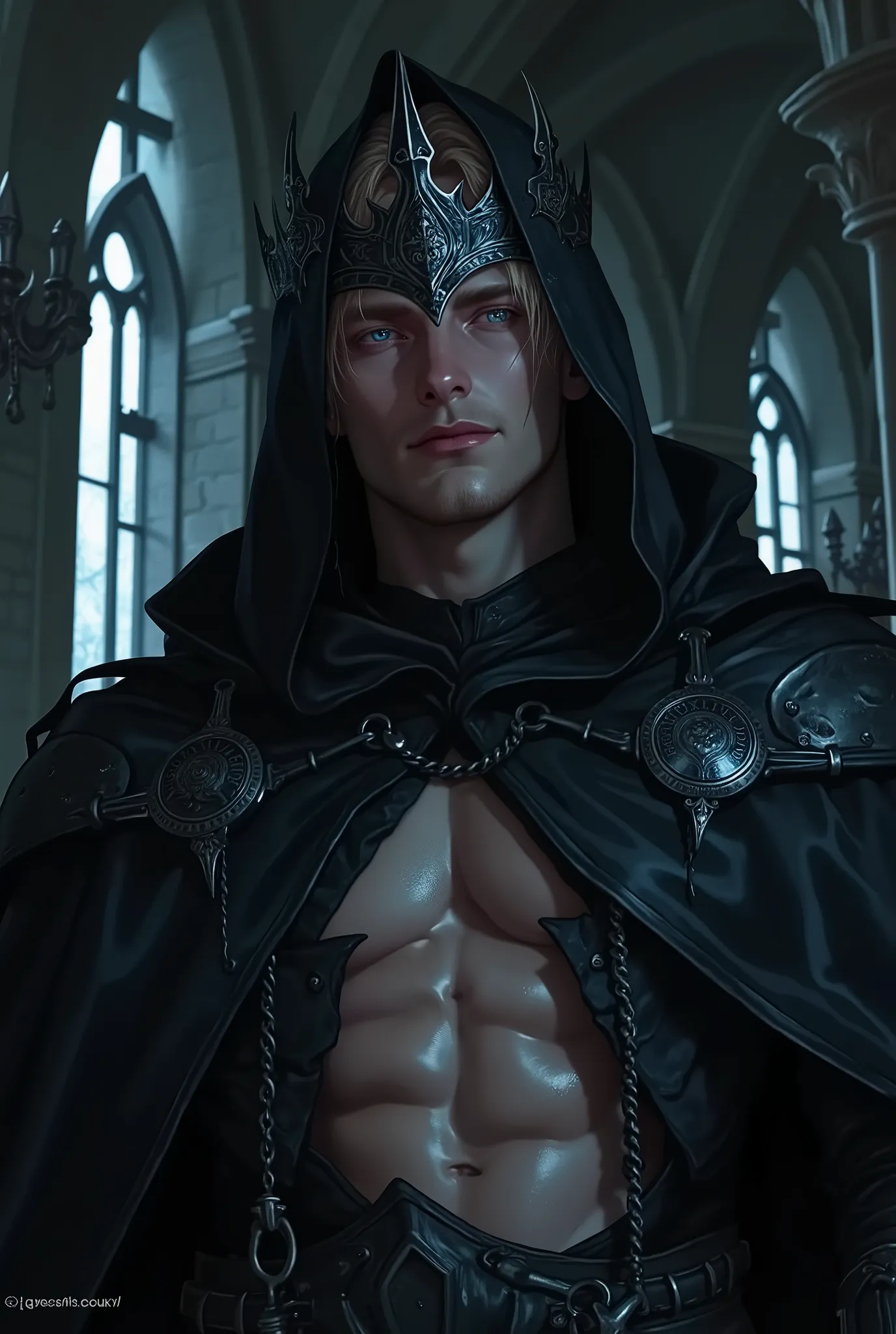 incredibly attractive, muscular man, dark warlock king, height 190 cm, wearing a ((long, deep hood made of thick fabric, completely covering his head and falling over his shoulders)), with a black steel gothic crown adorned with thin chains and mystical en...