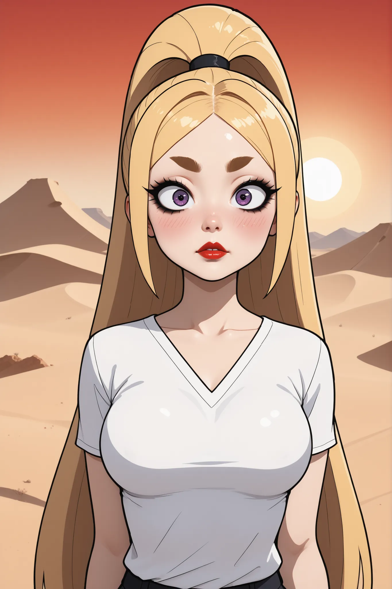 (perfect face), blonde hair, (very long ponytail hair), blond eyebrows, thin eyebrows, black eyeliner, big eyes, purple eyes, blushing, bright red lips, normal lips, v-neck shirt, white v-neck shirt, medium breasts, bare trees, desert, sun