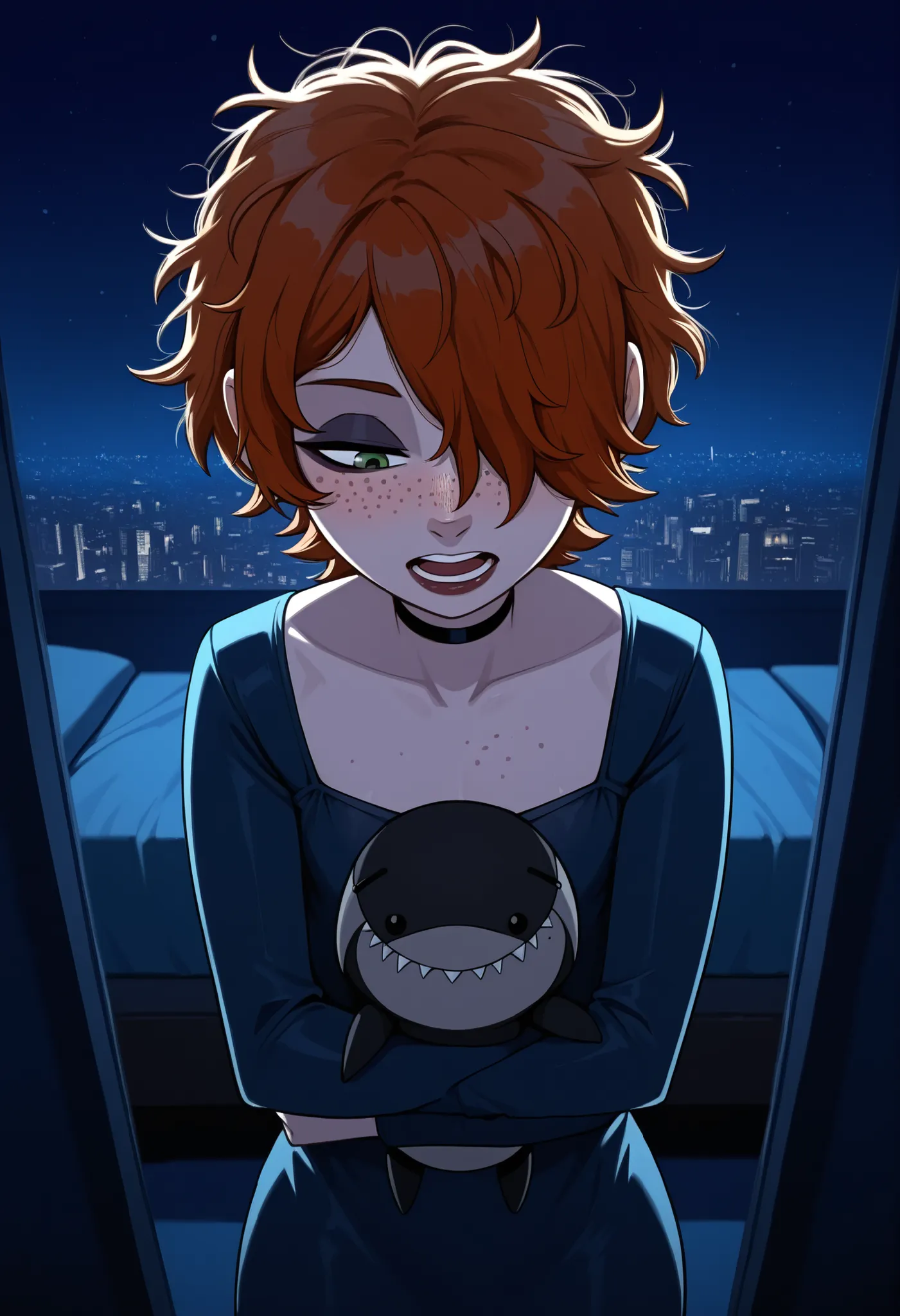 Gwen Tennyson . ginger . short hair . green eyes . flat breasts, flat chest, huge hips . slim body . choker . | masscore_9, score_8_up, 1girl, (hair over one eye:1.5) ,(freckles:2), (messy hair:1.5), (wolfcut hair), open mouth,( dark eyeliner:1.5),(eaegyos...