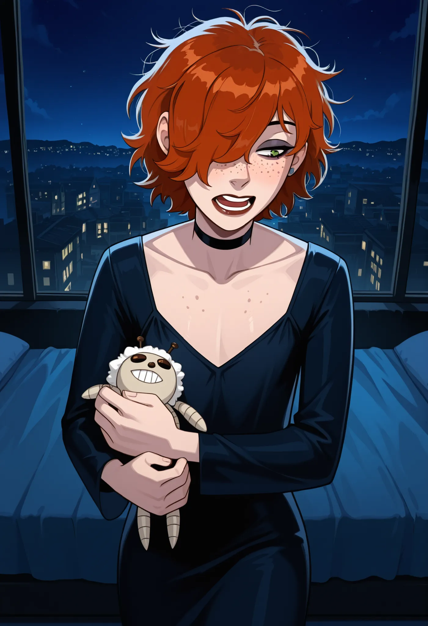 Gwen Tennyson . ginger . short hair . green eyes . flat breasts, flat chest, huge hips . slim body . choker . | masscore_9, score_8_up, 1girl, (hair over one eye:1.5) ,(freckles:2), (messy hair:1.5), (wolfcut hair), open mouth,( dark eyeliner:1.5),(eaegyos...