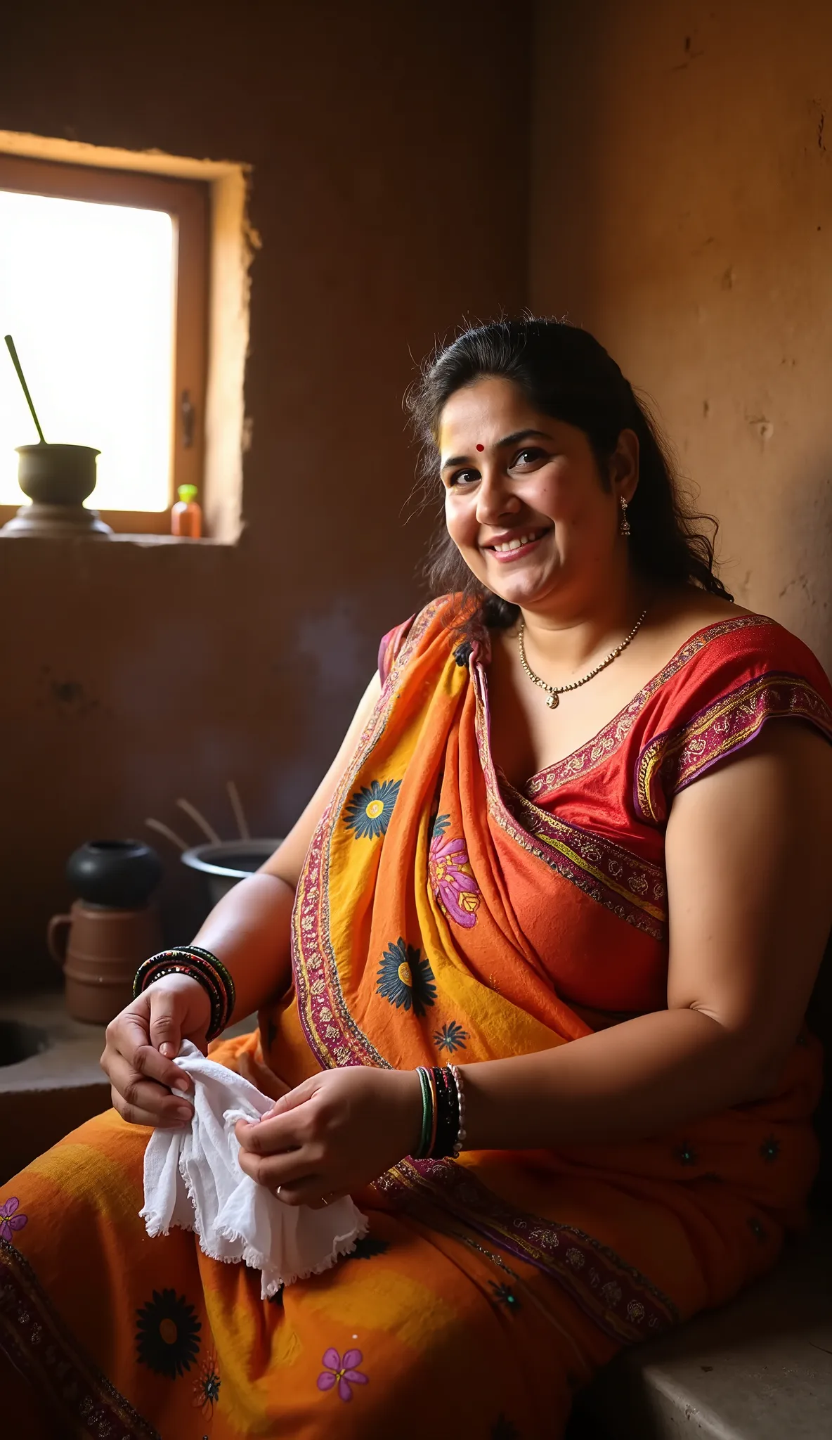 A beautiful Indian woman resembling chubby and old 40 years old Katerina Kaif with big fat face and extra large chubby figure sitting  inside bathroom, wearing a colorful saree with floral patterns half sleeveless and more fat hands. She is washing clothes...