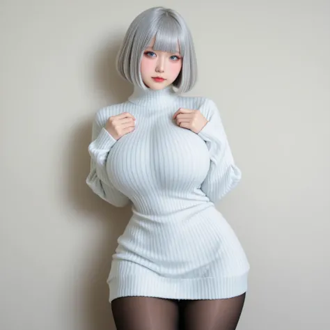 masterpiece, ultra-HD, photorealistic, impressionism, high detail, depth of field, dynamic lighting, best quality, very aesthetic, 8k, sharp focus, realistic, shiny skin, beautiful, asian, 1girl, solo, short gray hair, blunt bangs, bob cut, almond-shaped e...