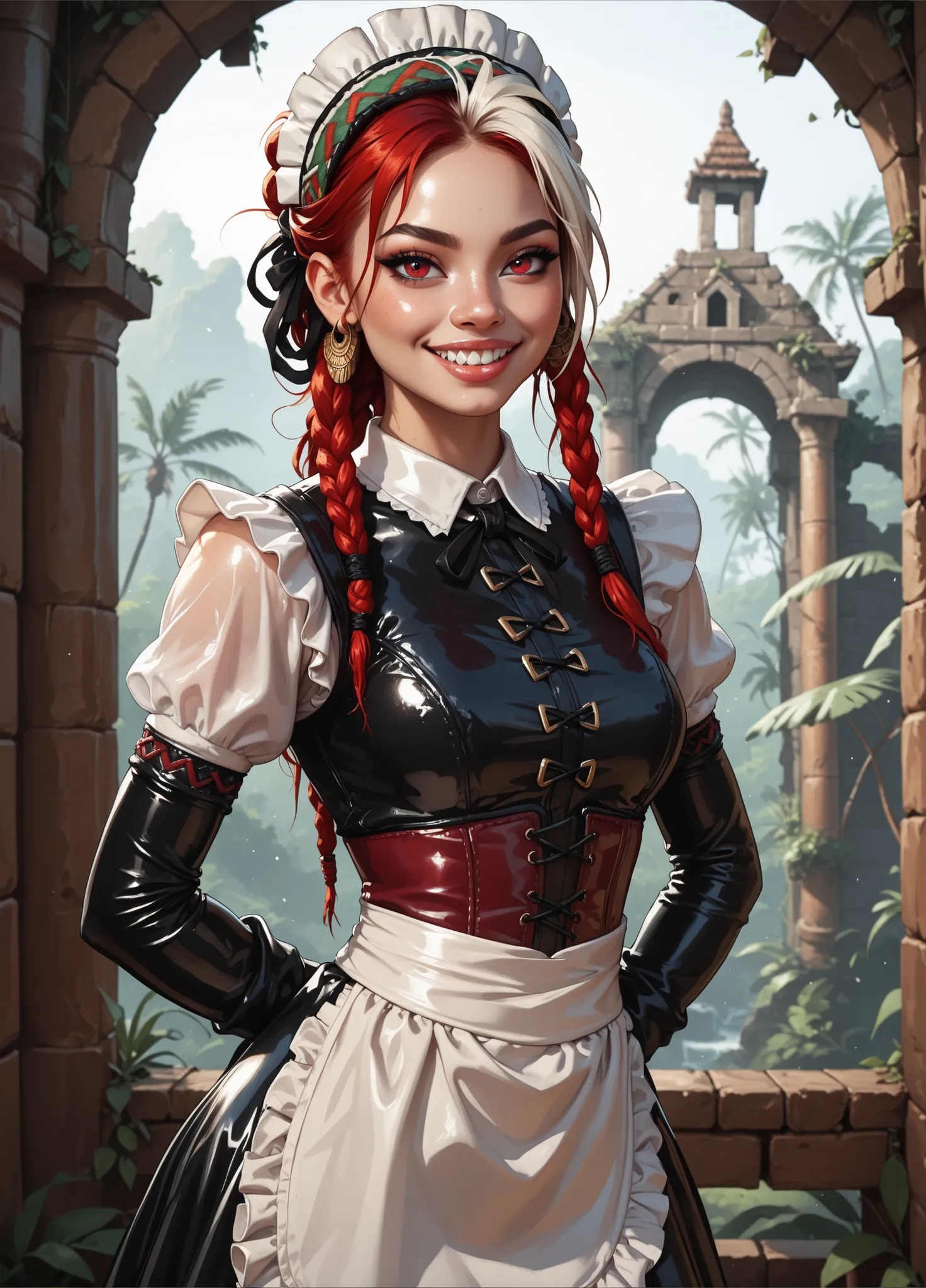 Curious expression. Slender body. Lean body-type. Marble-White skin. Cute 18-year-old Aztec and Indonesian girl with big Asian red eyes and unnaturally sharp teeth and dreadlocks (white and red hair). Intense red eyes. Sharp and shark-like teeth. She has a...