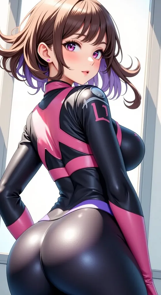  (masterpiece,  computer, mejor quality,  Clear focus, shadow, anime-style, ultra high resolution, 8K, perfect anatomy, perfect face, (detailed face), (  Detailed eye  ), score_9, score_8_above, score_7_above, score_6_above, score_5_above, score_4_above,  source _animated, Label 1, Label2, quality_masterpiece, Anatomically Correct, beautiful face, perfect face, Beautiful and highly detailed face and eyes, Attractive face, detailed face, Delicate facial features, detailed skin, huge breasts, breast size cup D or DD, wide hips, gigantic butt, muslos gruesos. looking at the viewer. Anime-style illustration of a beautiful woman with an elegant and sensual look. An attractive and voluptuous young anime woman with fair skin, sweet expression and direct look. Anime girl in a futuristic sci-fi style costume, with short, light brown hair, slightly degraded at the tips with lavender tones, intense and expressive look, big reddish eyes, with a slight blush on the cheeks and two pink marks on the cheeks combat makeup style. She wears a tight full-body suit in black and fuchsia with technological details and sleek lines, that highlights her athletic and curvilinear figure. The costume design includes rigid decorative plates, logo visible on the shoulder and buttocks, with shiny texture and look like high-tech synthetic material. The girl is on her back but with her head turned, looking at the spectator with expression of expression surprise or curiosity. faded bottom, with windows that let in soft white light, generating realistic reflections on the suit. Hyperrealistic anime artistic style, bright lighting and futuristic environment.