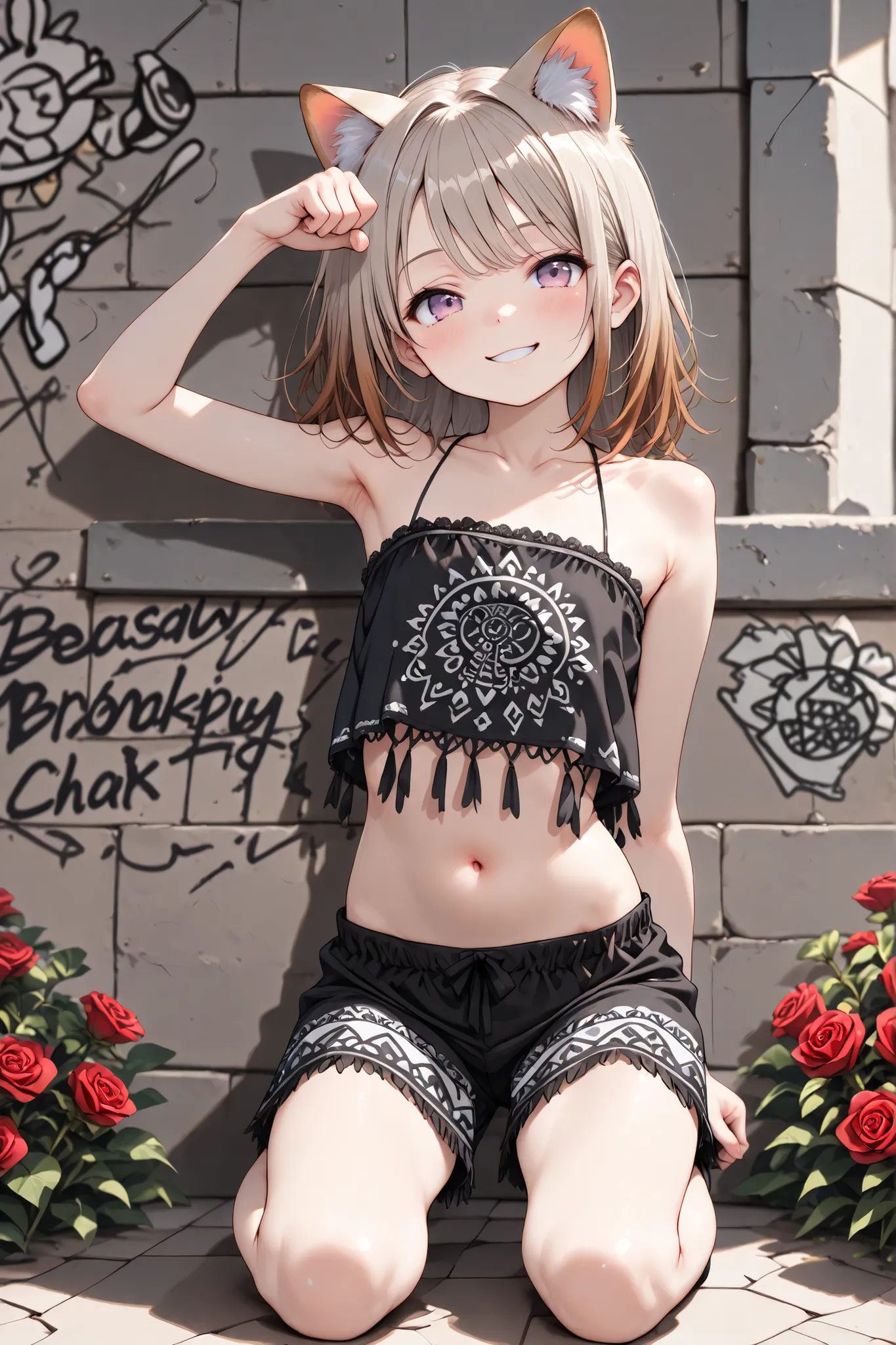 ((Masterpiece)), ((best quality, amazing quality)), (wide shot), ((very aesthetic, absurdres, newest)), ((detailed background, negative space, blurry background, depth of field)), (drop shadow), (8K), ((1girl)), (cute young girl), (Healthy body, Textured s...