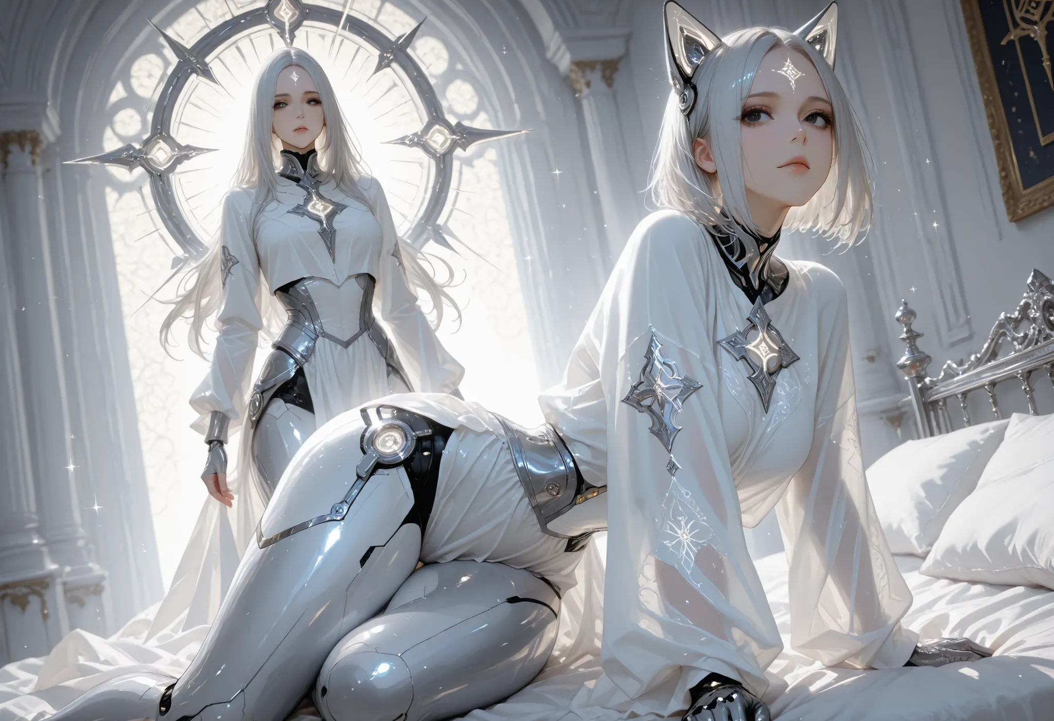 A masterpiece, best quality illustration in newtooncore style, side view at a Dutch angle: two women grace a minimalist white bedroom. The first is a black-and-white android girl with large cat-like ears, sitting gracefully on a pristine white bed. Her ent...