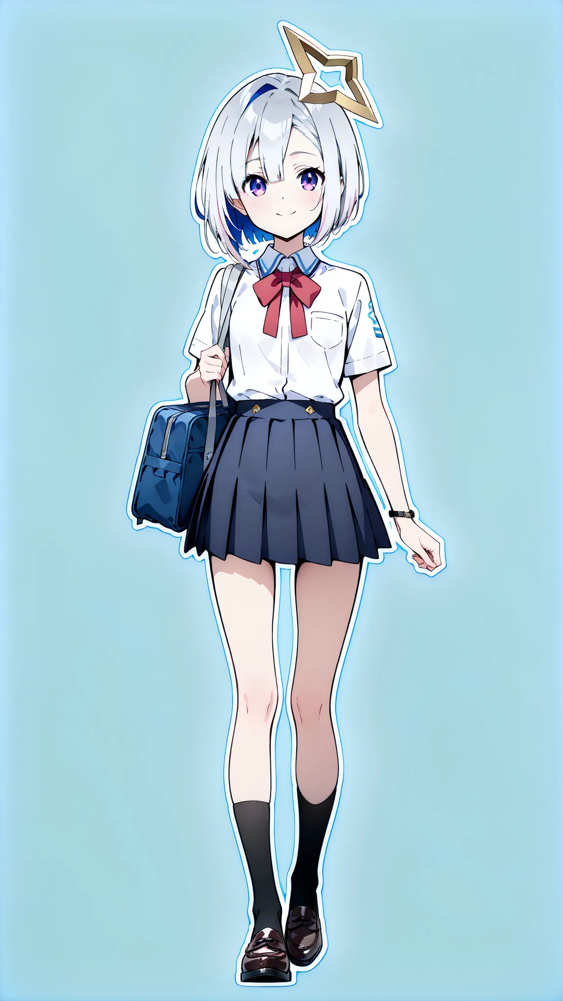 {Highest quality}, {so beautiful}, (anime coloring,flat color,TV anime style,Not details), {Best illustrations},(flat body,Slim body, young:1.2),solo,(aakanata), short hair, multicolored hair,Asymmetrical bangs, grey hair, yellow halo, purple eyes,(cute sm...