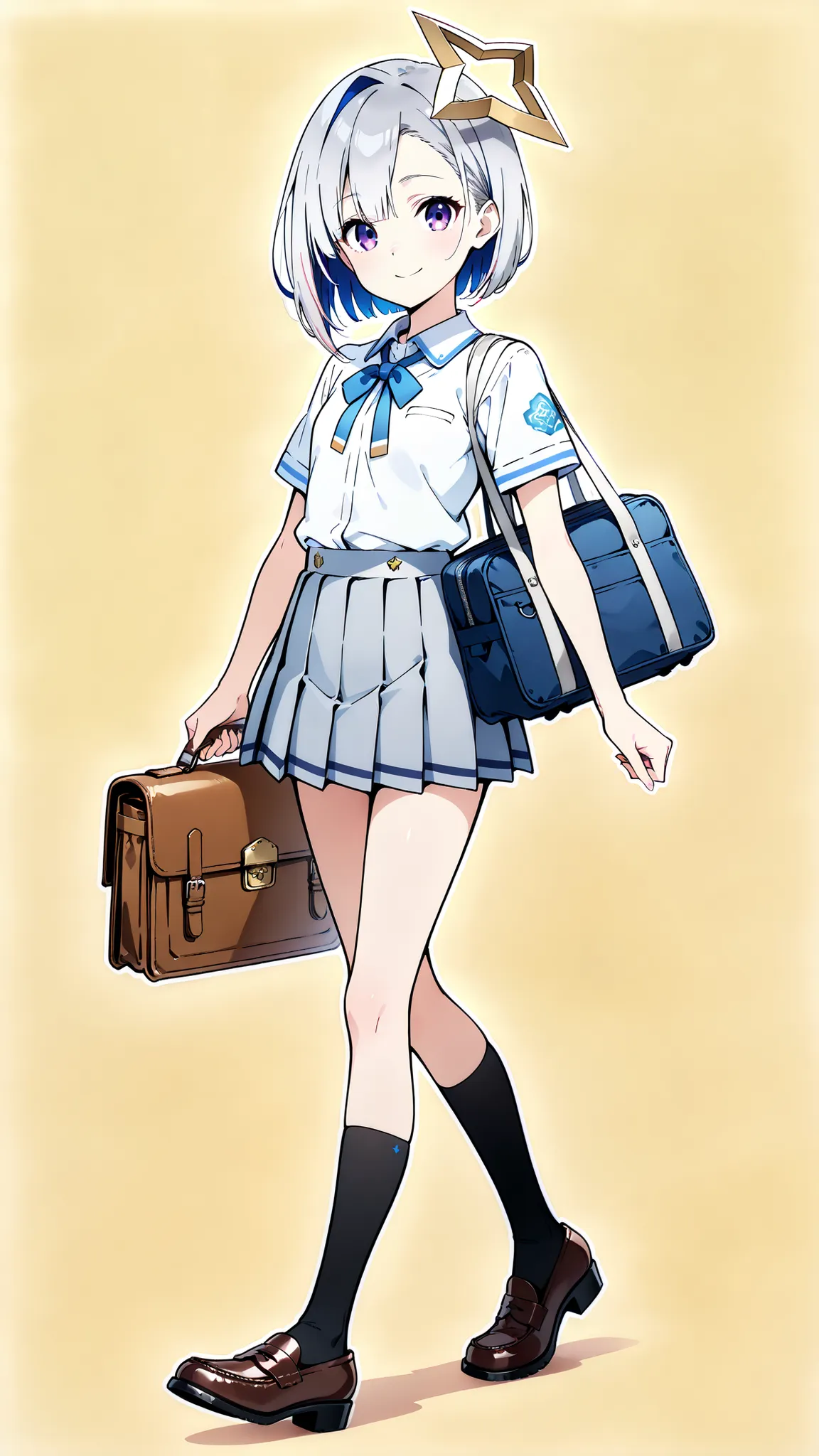 {Highest quality}, {so beautiful}, (anime coloring,flat color,TV anime style,Not details), {Best illustrations},(flat body,Slim body, young:1.2),solo,(aakanata), short hair, multicolored hair,Asymmetrical bangs, grey hair, yellow halo, purple eyes,(cute sm...