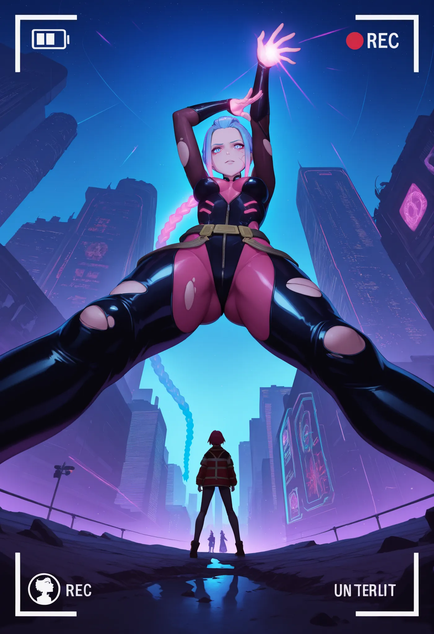 prompt
slavic giantess, sharp_facial_features high_cheekbones, neon_pink_blue_bob_hair shaved_temples, torn_cyberpunk_bodysuit glowing_circuits, destroyed_cityscape dramatic_sunset, extreme_low_angle ground_perspective, manic_euphoria_expression wild_eyes,...