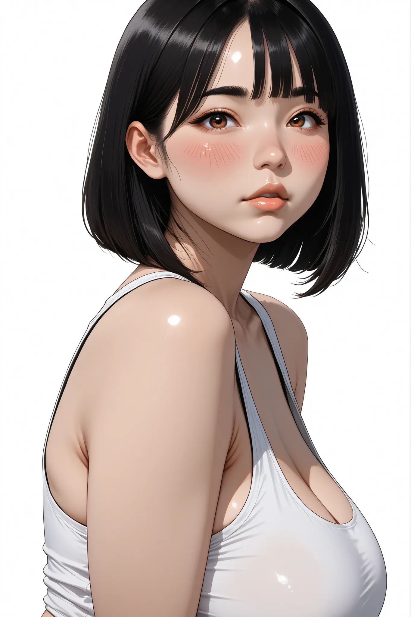 perfect face, black hair, medium hair, bob hair, black eyebrows, thin eyebrows, brown eyes, blush, thick lips, round tank top, white tank top, (large breasts), from side, looking at viewer, white background, female asian, face asian