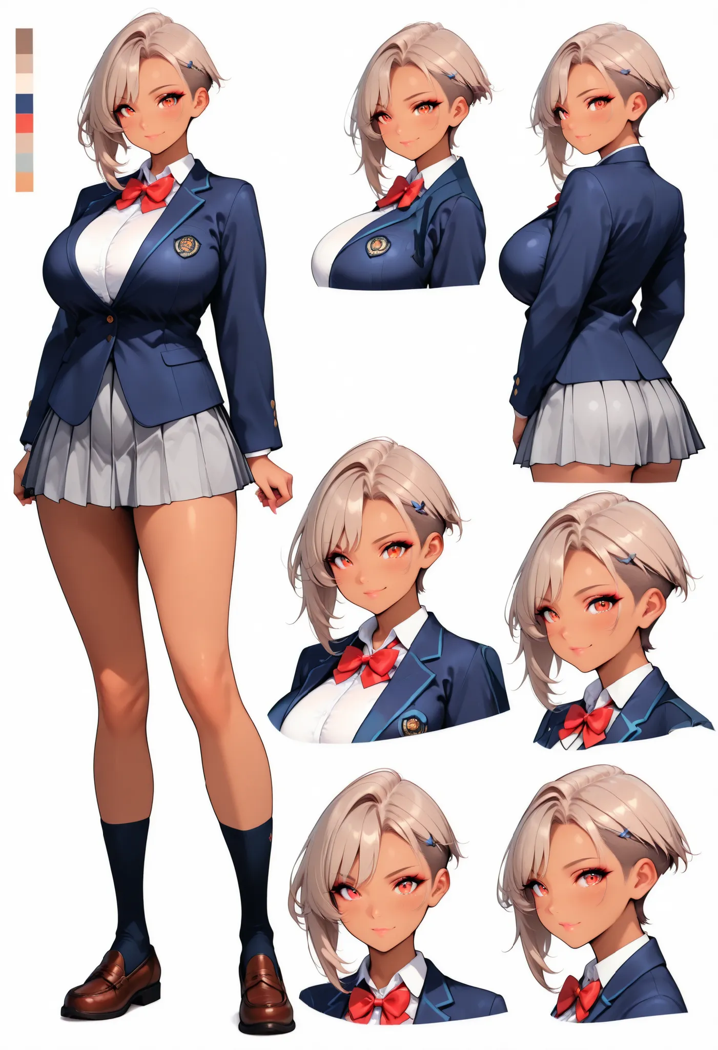 Character Designs, Illustrious,References,simple white background, ( color guide :1.2), (multi view), (Full Body), Dynamic Pose, comprehensive, back side, Mirai Edosaki,light brown hair, undercut, asymmetrical hair, red eyes, brown skinned,(beautiful big b...