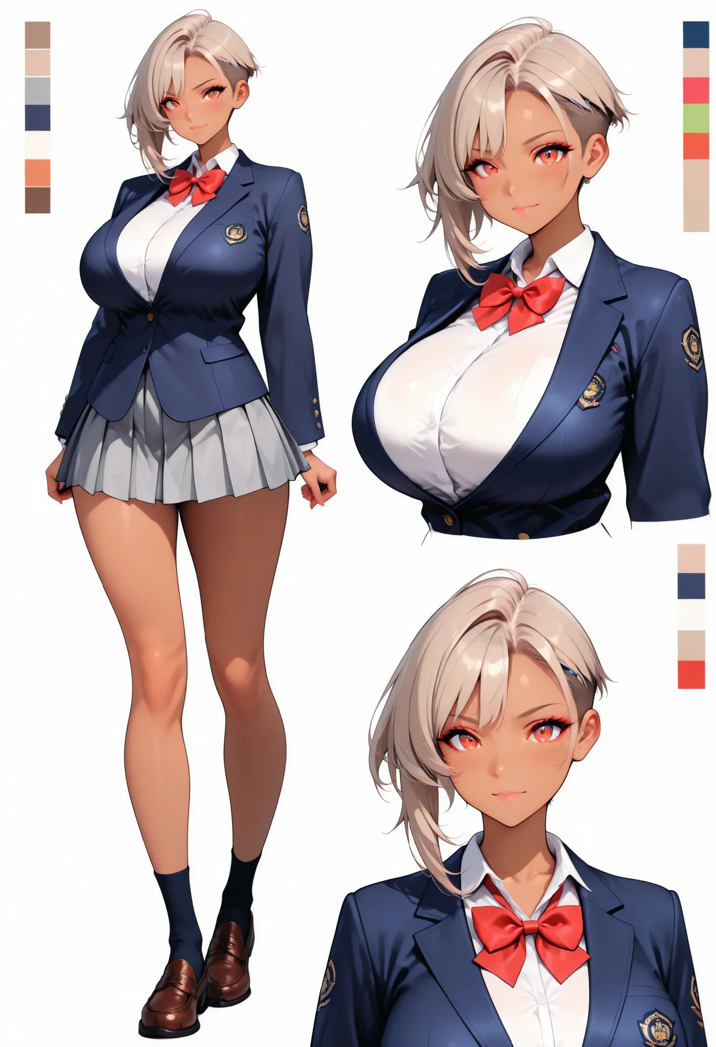 Character Designs, Illustrious,References,simple white background, ( color guide :1.2), (multi view), (Full Body), Dynamic Pose, Mirai Edosaki,light brown hair, undercut, asymmetrical hair, red eyes, brown skinned,(beautiful big breasts, Beautiful Kurodan ...