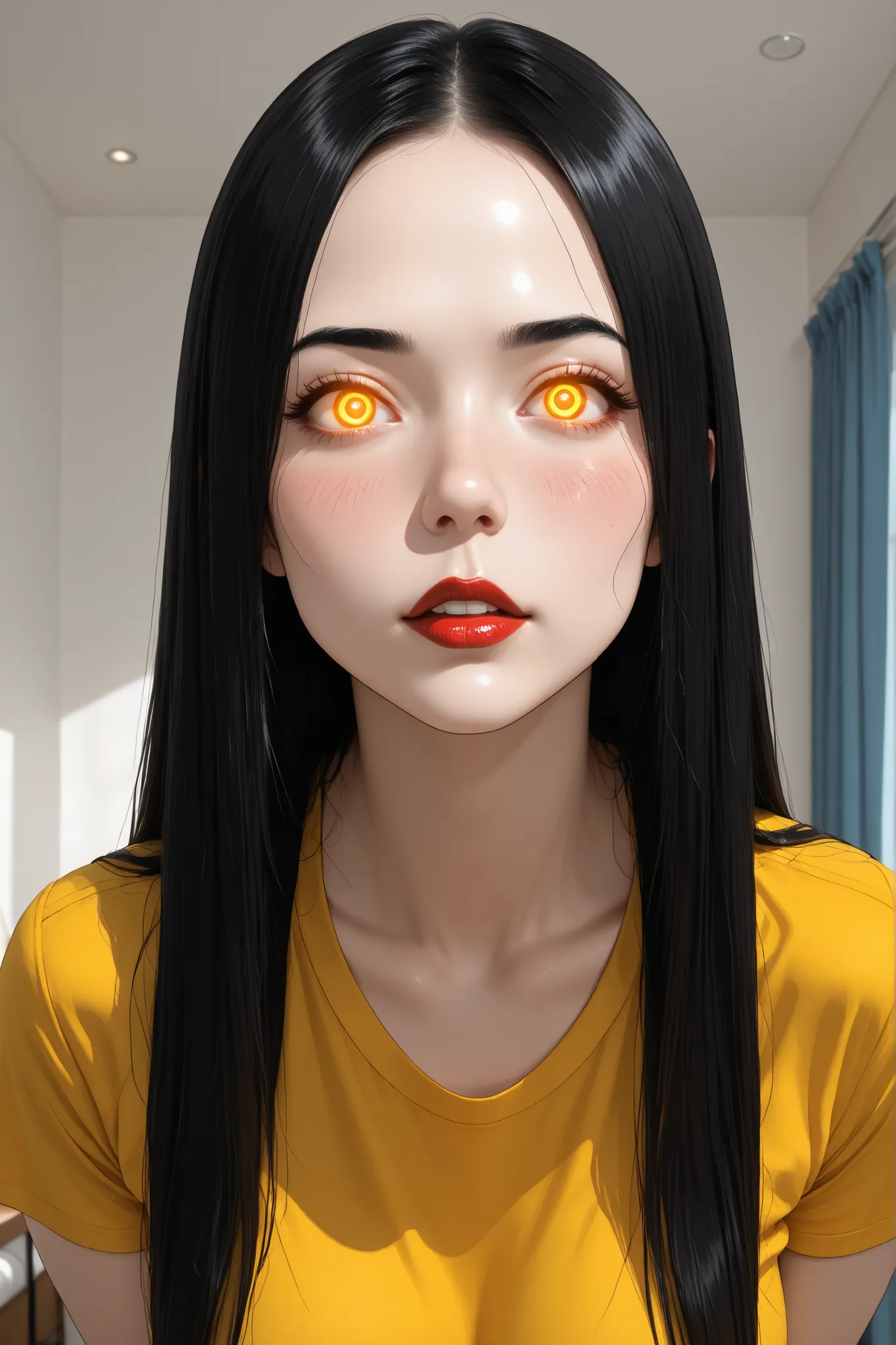 (Large Straight Hair, Blue Straight Hair, Bright Straight Hair, Black Thin Eyebrows, Glows Eyes, Blush, Red Lips, Perfect Face, Beautiful Woman) (Yellow T-Shirt), (Medium Breasts, Perfect Breasts), (Livingroom Background)