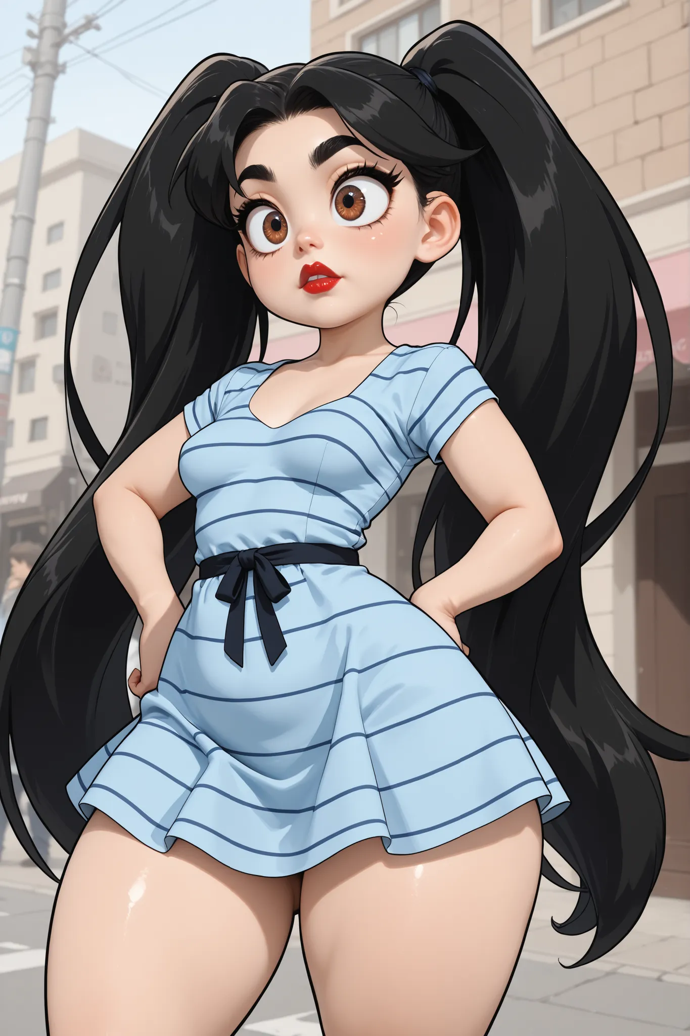 on street, perfect face, very long twintails hair, black hair, black eyebrows, thin eyebrows, big eyes, brown eyes, full lipstick, beautiful woman, striped tunic round dress, small breasts, hand on hip, (thick thighs:1.3)
