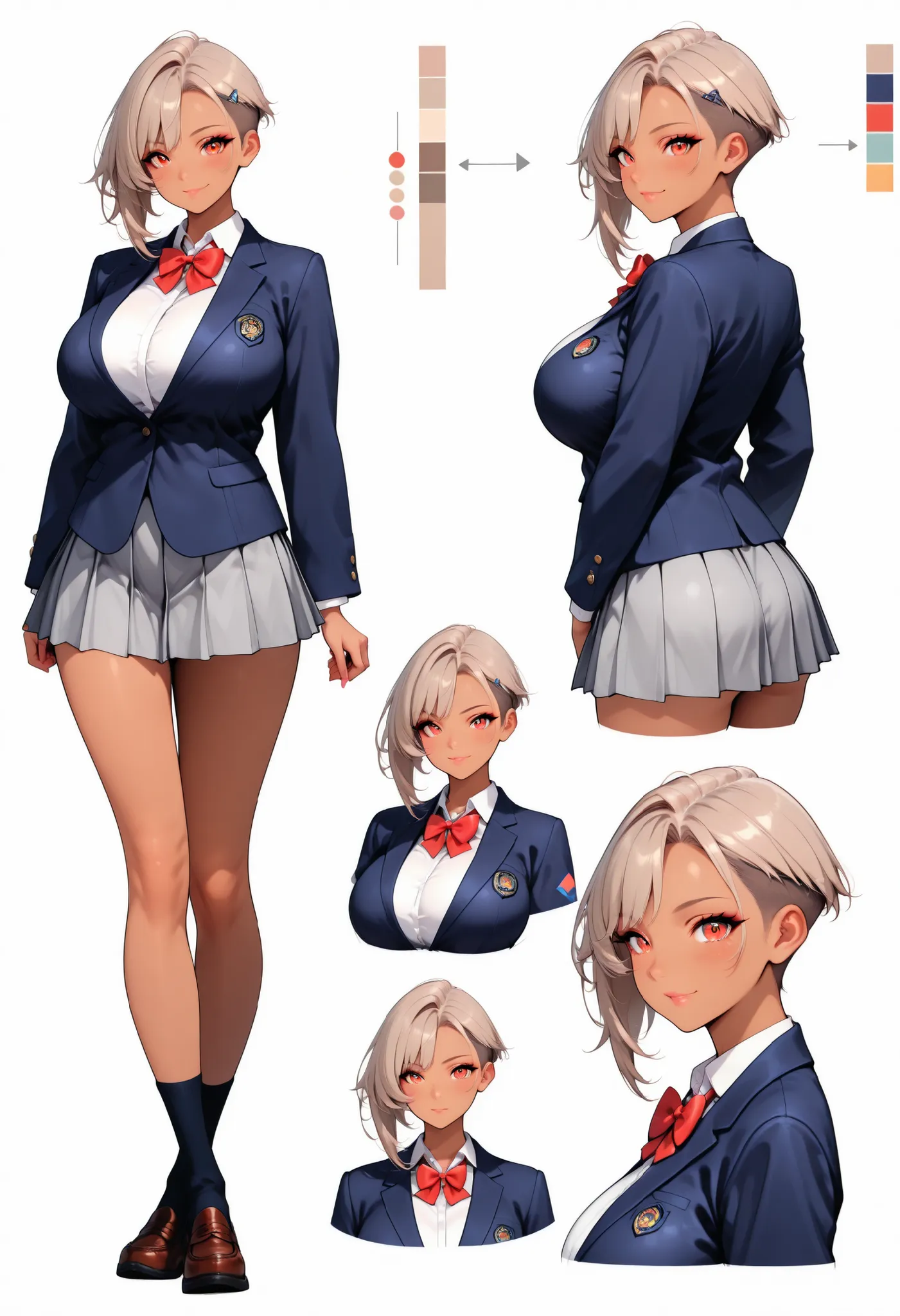 Character Designs, Illustrious,References,simple white background, ( color guide :1.2), (multi view), (Full Body), Dynamic Pose, comprehensive, back side, Mirai Edosaki,light brown hair, undercut, asymmetrical hair, red eyes, brown skinned,(beautiful big b...