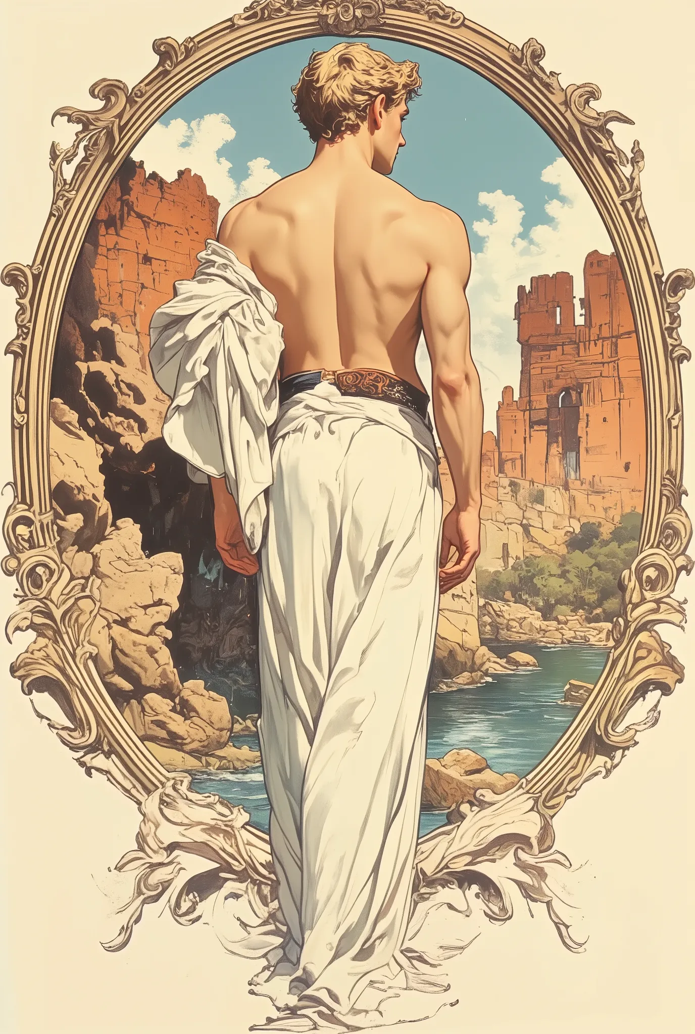 oil painting, detailed painting by Alphons Mucha. Beautiful blond art antique white+biscuit watercolor, , an attractive open male figure, full length silhouette, image of insidious seduction, Young man 25 years old In open luxury clothes.  muscles