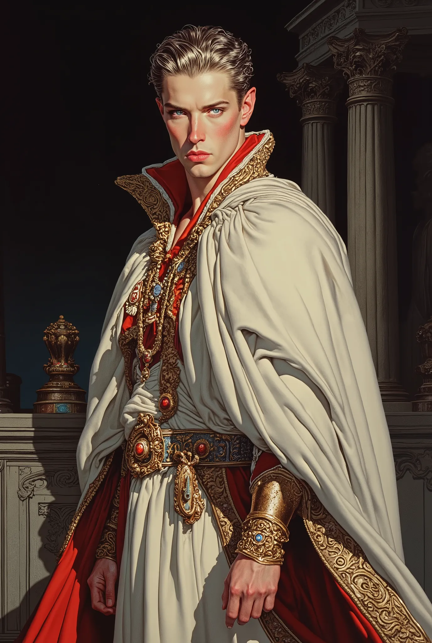 A guy in the emperor's depraved fantasy clothes. Open shoulders, waist. Roman clothes. blond man with blue eyes