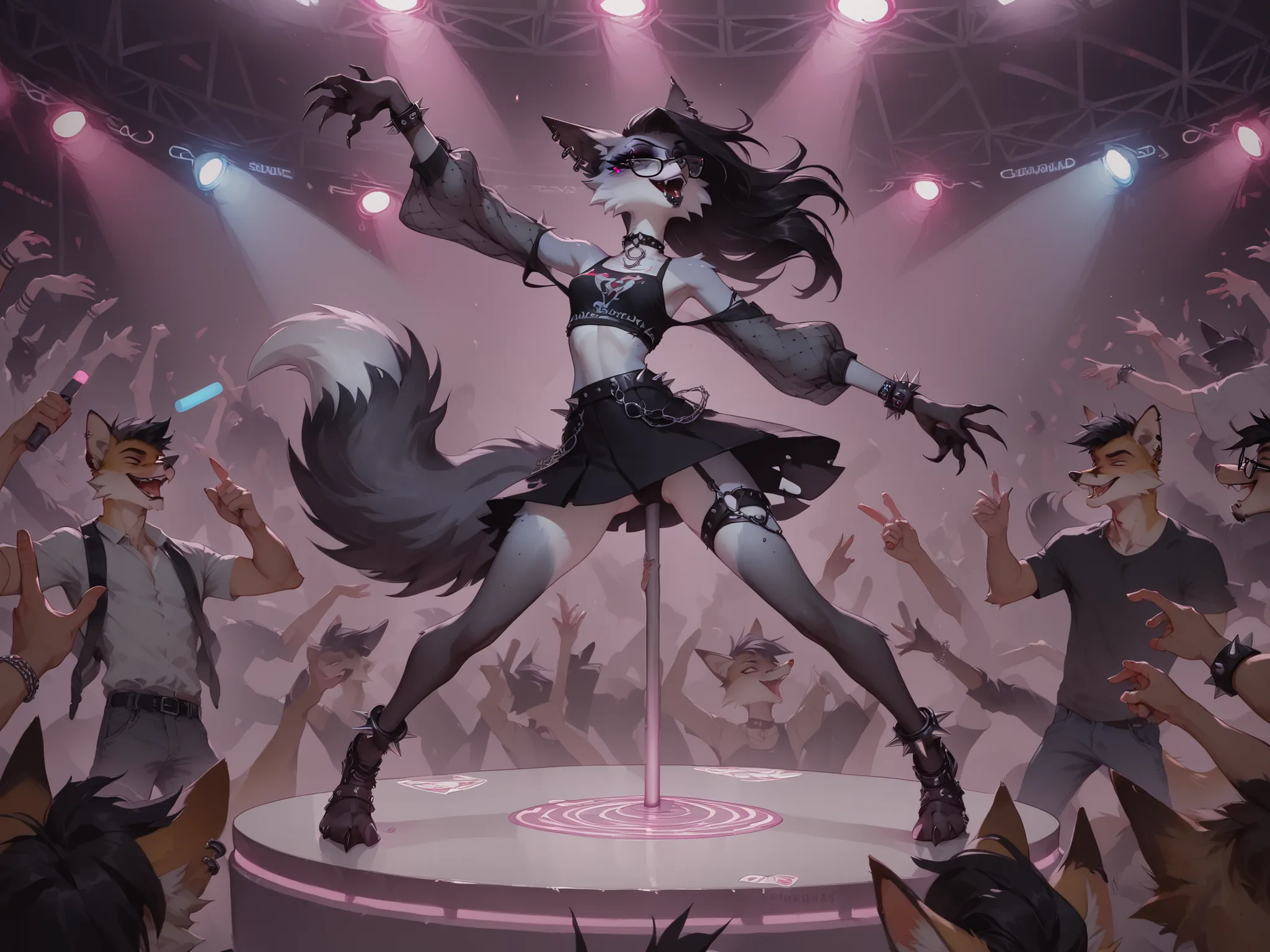 score_9, score_8_up, score_7_up, 1girl, fox girl, goth girl, Anthro, fox, skinny, thin limbs, lithe body, grey and white fur, ((multi-tone fur)), black limbs, fluffy fur, fur tufts, animal nose, orange_eyes, (glasses), (shaved undercut hair), long hair:1.3...