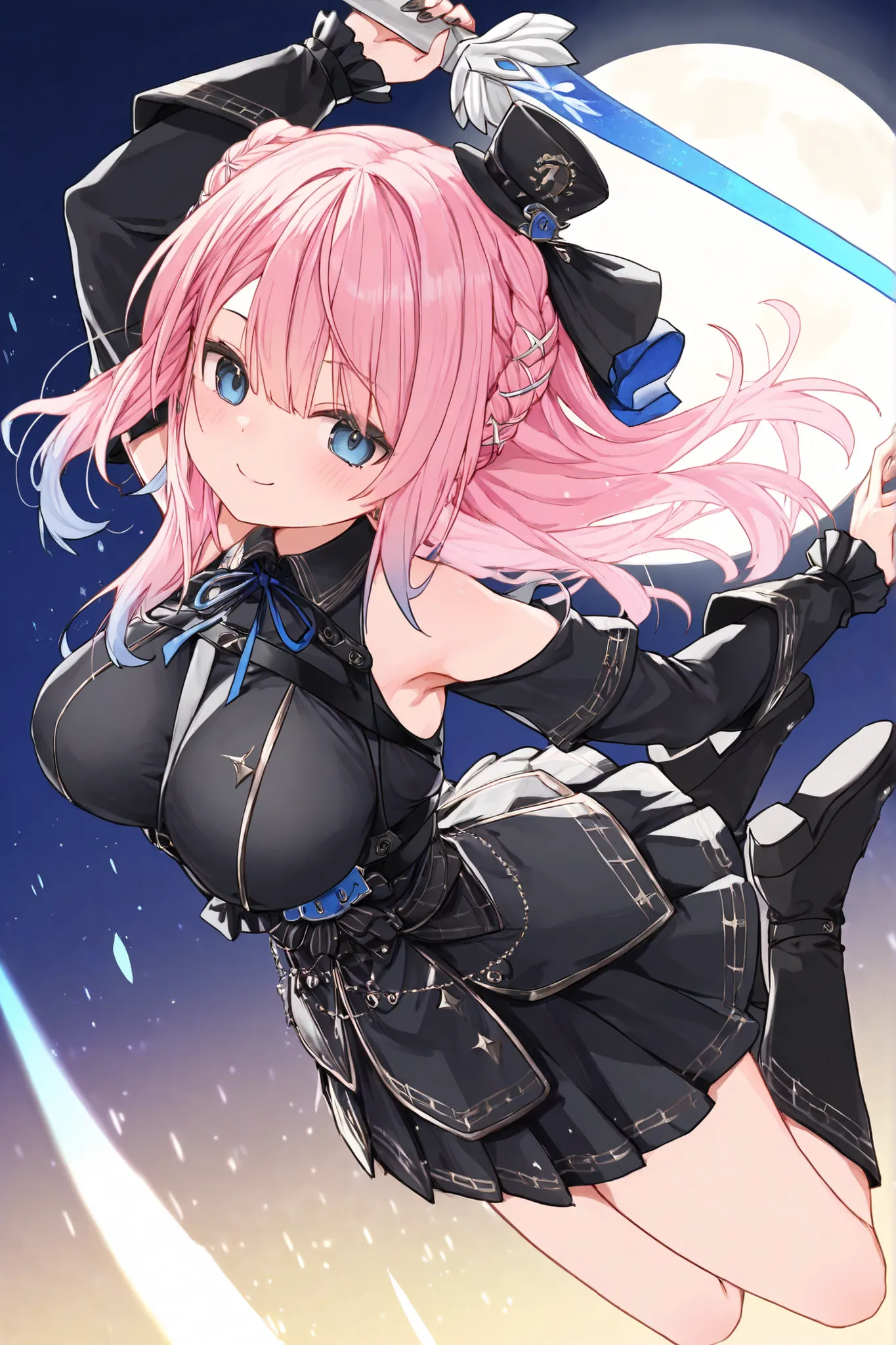 ( top quality , 8k , masterpiece, ),   younger , (1 Girl) ,  Extremely Elaborate Eyes and Faces   , Pink Hair、lime green inner color  、Lapis Lazuli Eyes、(soft smile)、(Black gothic idol costume、body harness to hold the reins、skirt、frills)  、(Slightly larger...