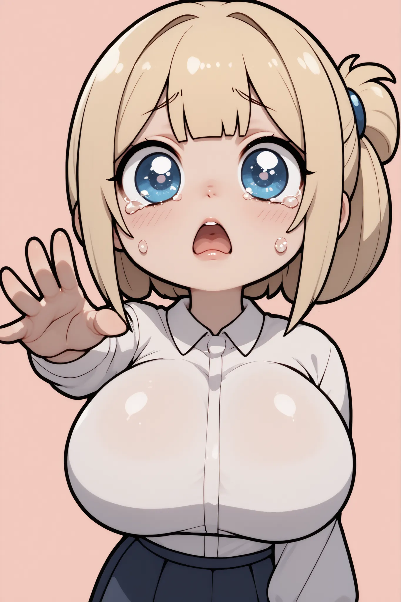 masterpiece, ultra detailed, chibi girl, blonde bob hairstyle, big eyes, big head, solo, large breast, reaching forward, begging expression, teary eyes, 不透明な服