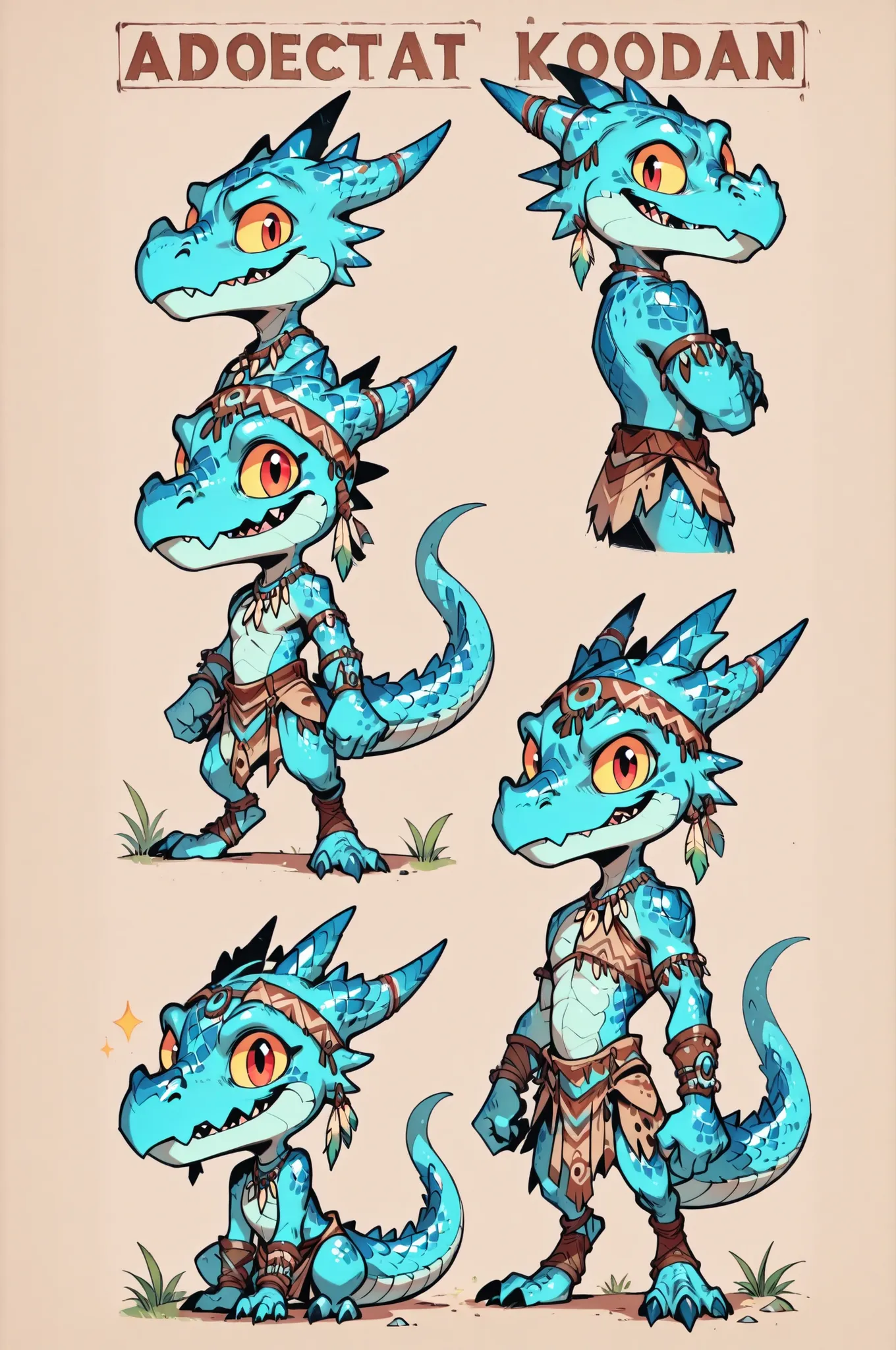 Three( male, blue skin, blue scales, (((Kobold)), (detailed kobold)) wearing a adventure equipament , a tribal clothes , character design, toon style