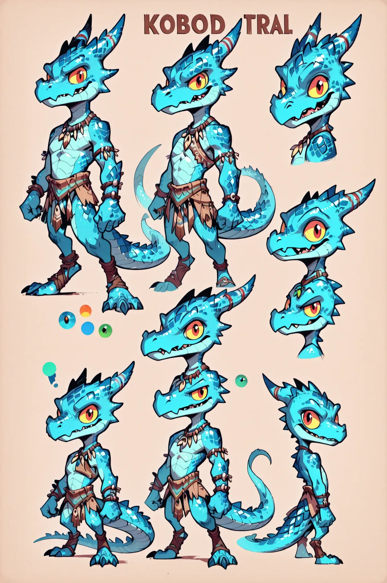 Three( male, blue skin, blue scales, (((Kobold)), (detailed kobold)) wearing a adventure equipament , a tribal clothes , character design, toon style