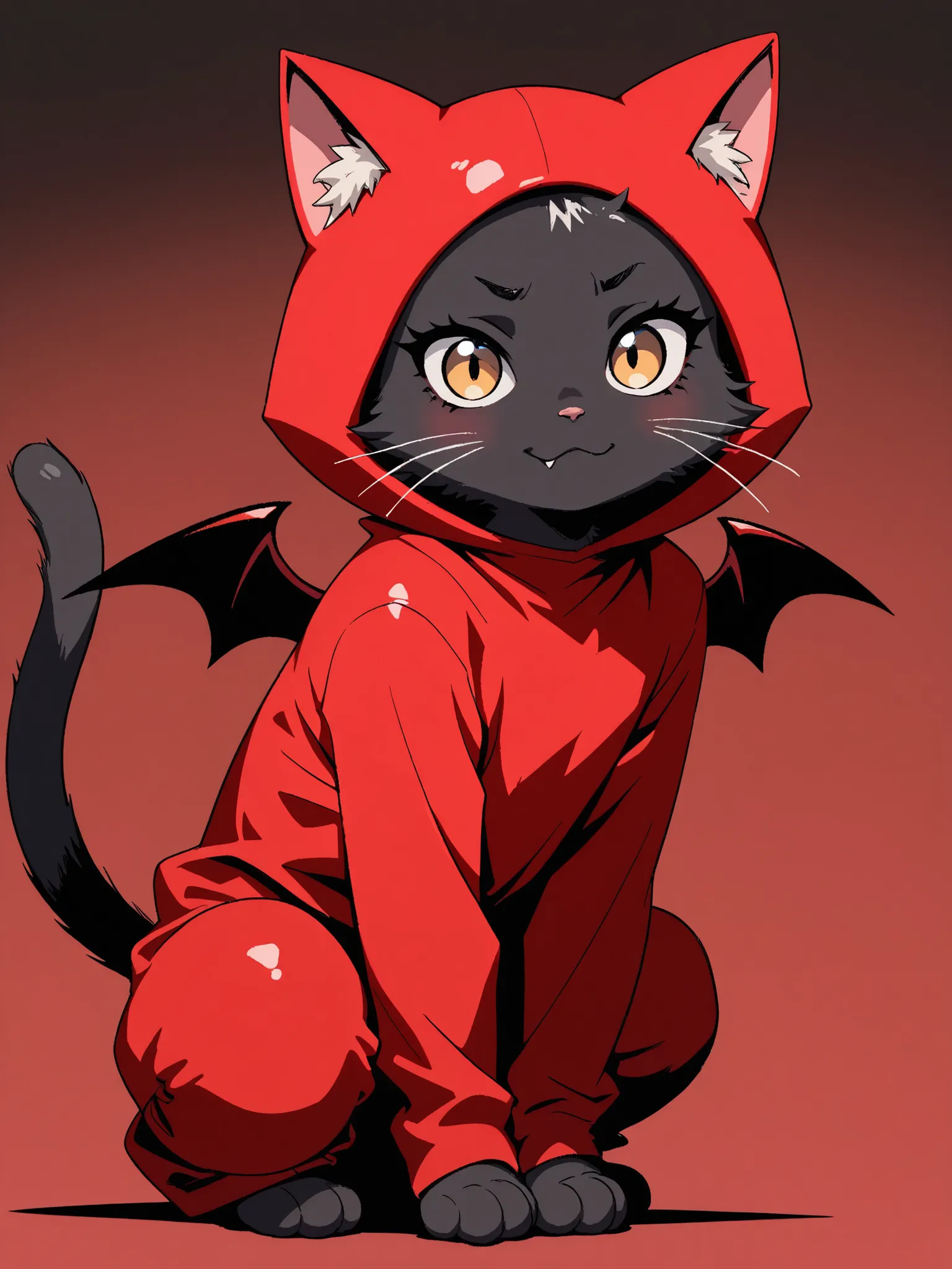 masterpiece, good quality, amazing quality, very aesthetic, anime, highres, absurdres, 16K resolution. | Kitten with fluffy black fur, wearing red devil costume, ((red devil costume):1.3), evil expression. Miao_Kitten.