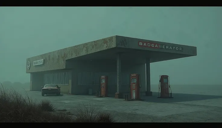 A spooky gas station, abandoned, dark, unreal, liminal, creepy, high detail, masterpiece.