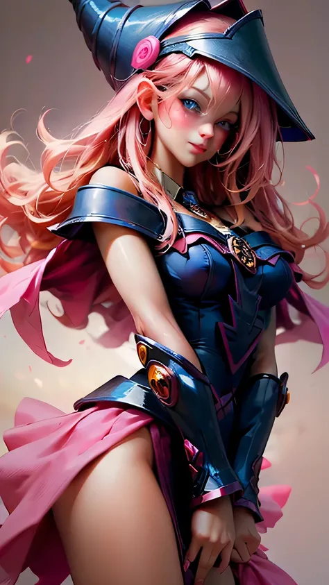 Beautiful face of dark magician gils. long eyelashes, blue eyes. pink lips. long blonde hair. curly hair. exposed shoulders, angelic smile, beautiful well detailed face of the dark wizards gils. Dressed as a sexy schoolgirl. She is flirtatious with the vi...