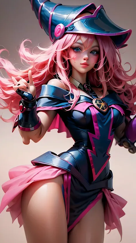 Beautiful face of dark magician gils. long eyelashes, blue eyes. pink lips. long blonde hair. curly hair. exposed shoulders, angelic smile, beautiful well detailed face of the dark wizards gils. Dressed as a sexy schoolgirl. She is flirtatious with the vi...