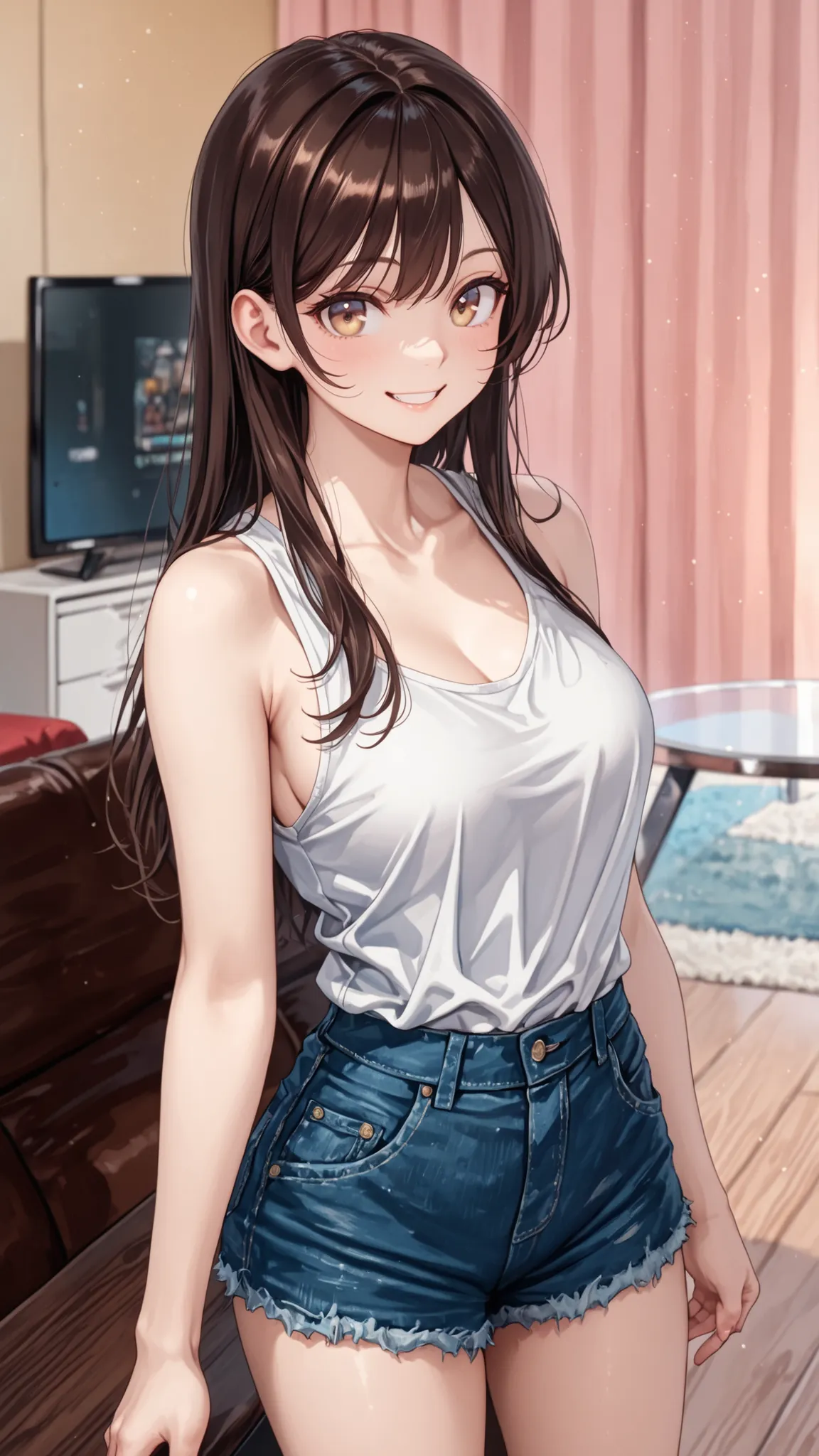 masterpiece,Ultra Fine,Beautiful Eyes,chizuru mizuhara:1.3,(((Light Brown Eyes:1.7))),smile,((slim face)),happy smile:1.4,side boob,detail,detail texture to wake you up,cute face,An actress who looks just like her is shown on TV,parted lips,grin,A movie is...