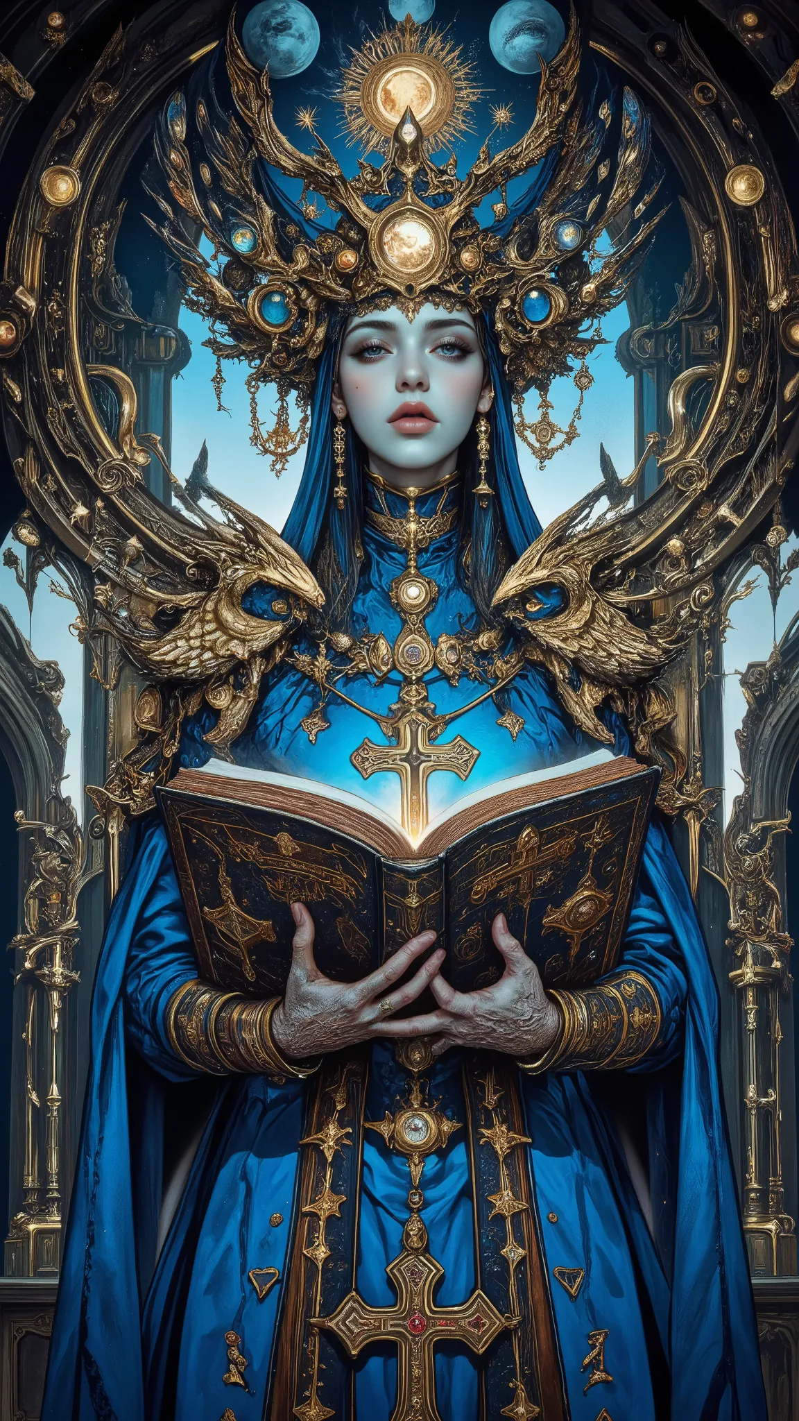 Surreal Painting,  An extravagant, mysterious female figure dressed in intricately embroidered cobalt blue medieval clothing that fits her form perfectly , A jeweled rosary necklace with a large crucifix rests on her shoulder,Allusions to a historical or r...