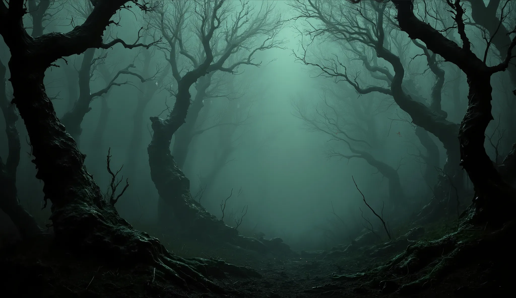 Twisted trees, haunted woods, creepy, surreal, high detail, masterpiece.