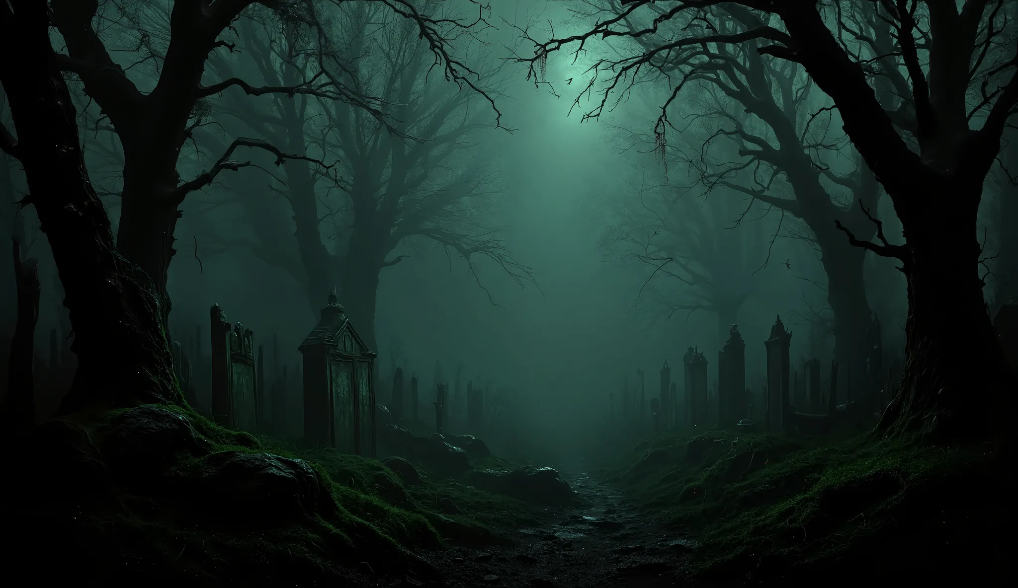 Twisted trees, dark woods, haunted cemetery, creepy, surreal, high detail, masterpiece.