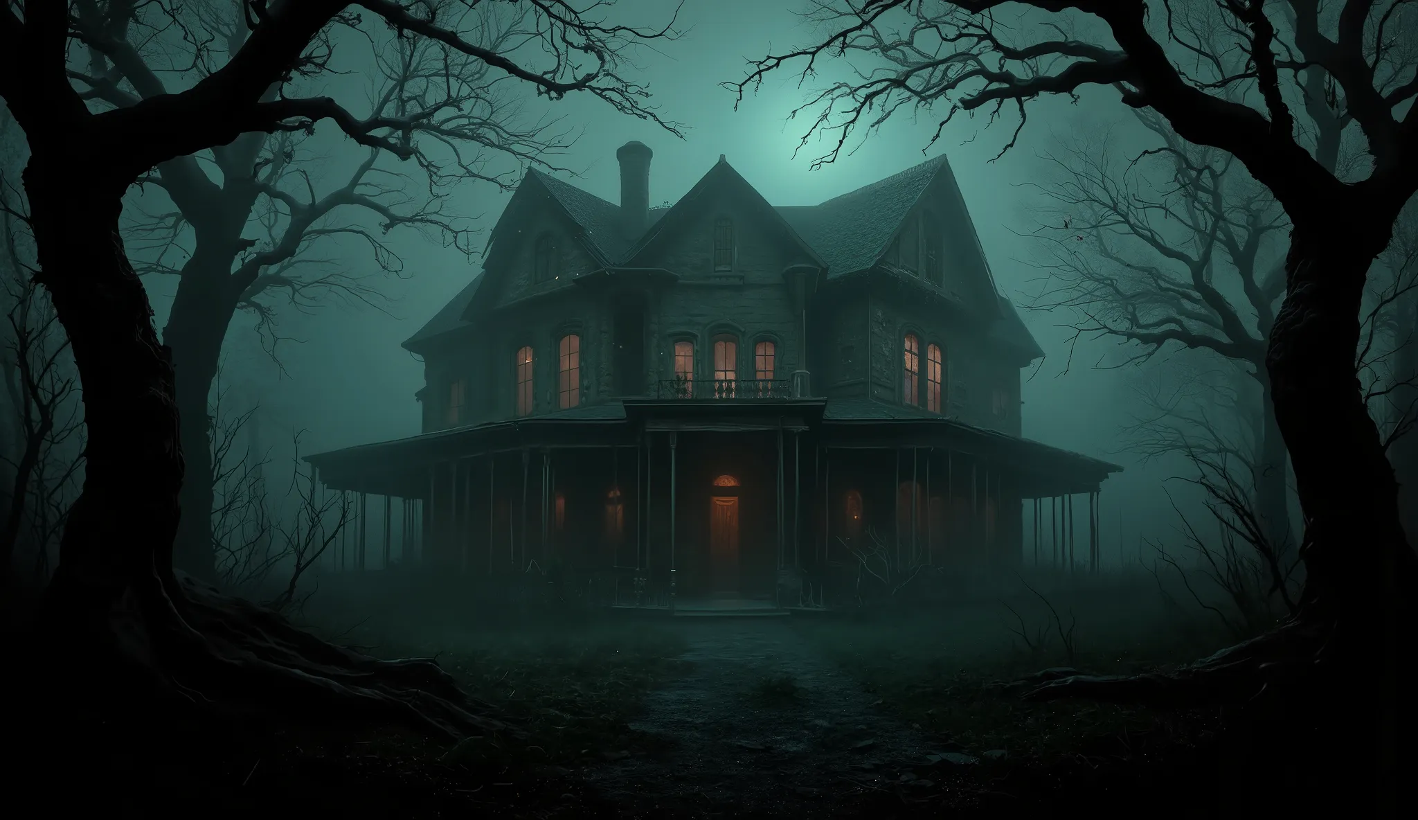 Twisted trees, dark woods, haunted house, creepy, surreal, high detail, masterpiece.