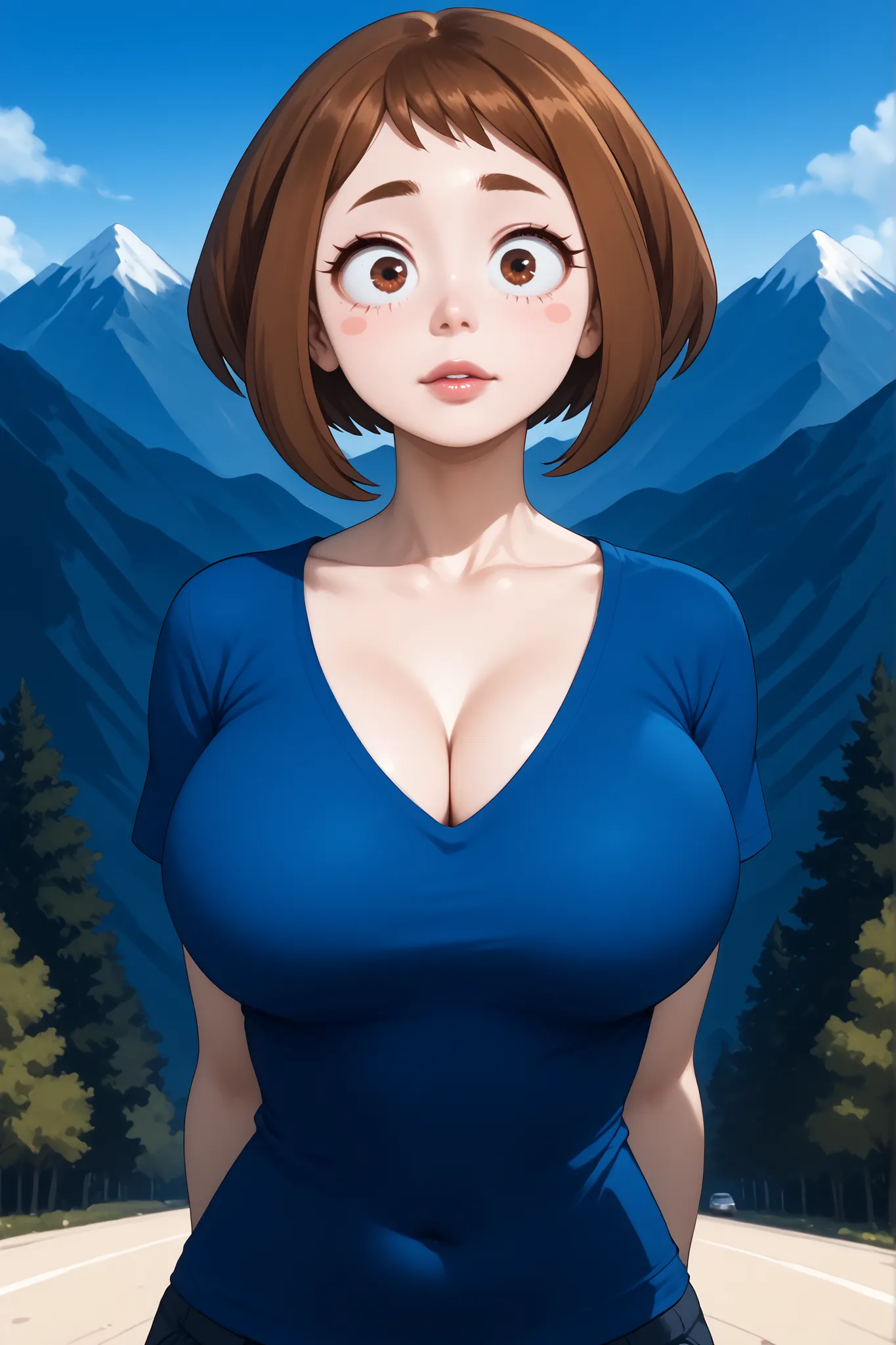 (Perfect Face, Perfect Body), Brown Hair, Short Hair, Brown Thin Eyebrows, Dark Brown Eyes, Nose, Lips, Pink Lips, Parted Lips, Collarbone, Cleavage, (Big Breasts, Perfect Breasts), (V Neck T-Shirt, Blue V Neck T-Shirt), Arms Behind Back, Looking At Viewer...