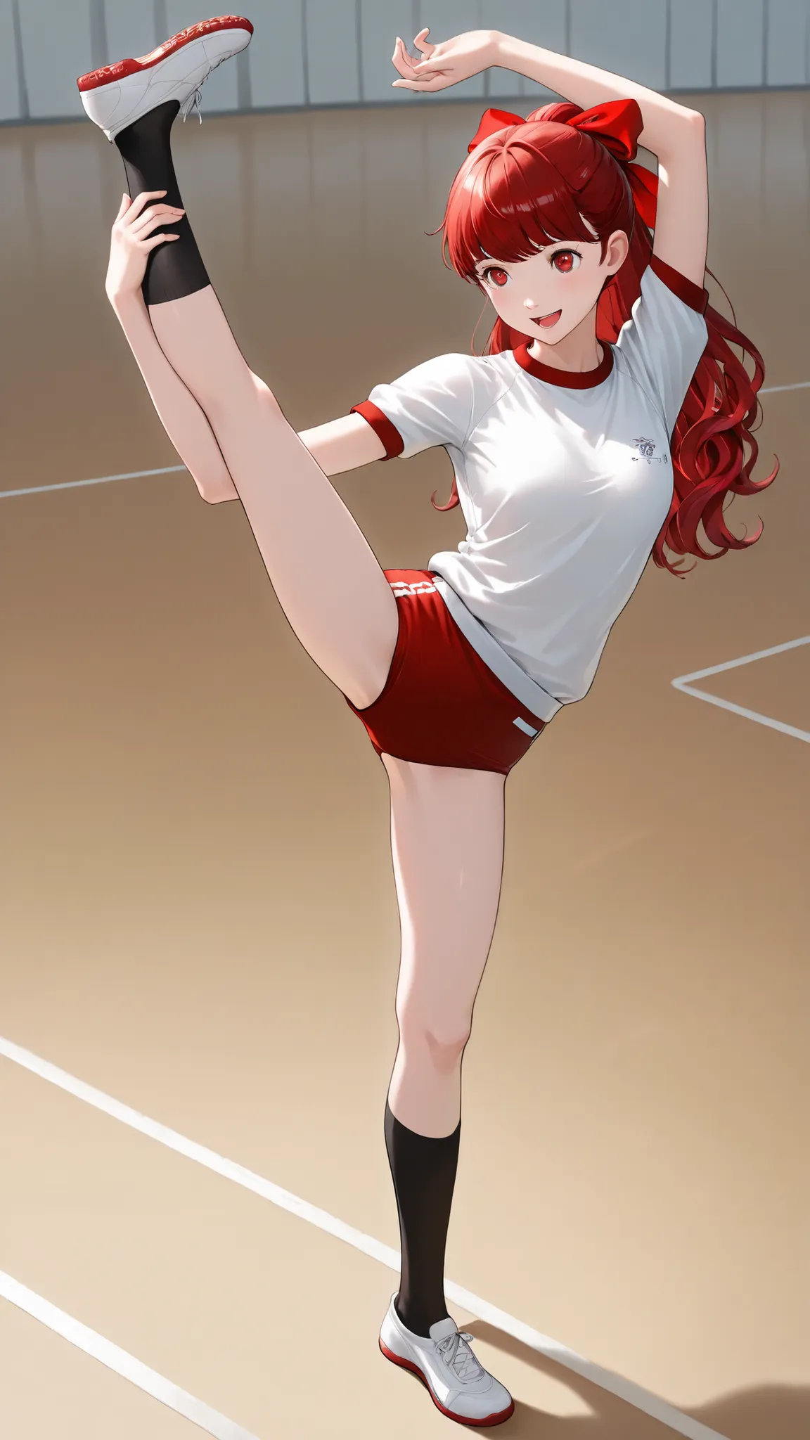 Y shape balance:1.4,1 girl,(砂のGround:),Viewpoint from the ground,,1.3,Black Socks,Thick Coating,masterpiece,full body:1.3,long shot,beautiful red gradation eyes,Soft colors,(facing the front:1.2),(:1.5),((front shot:1.4)),((happiness smile:1.4)),open mouth...